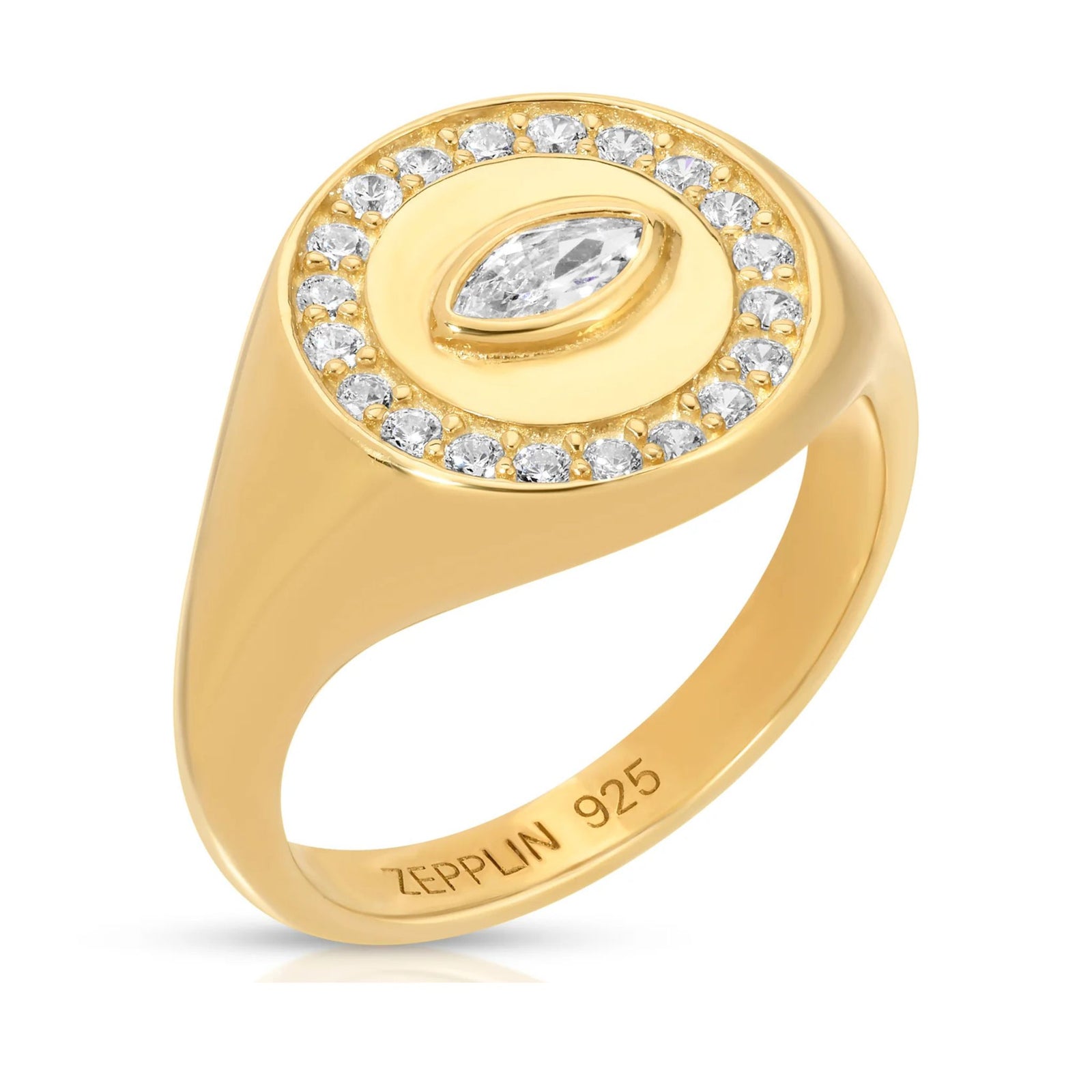 Gold ring with diamonds on a white background
