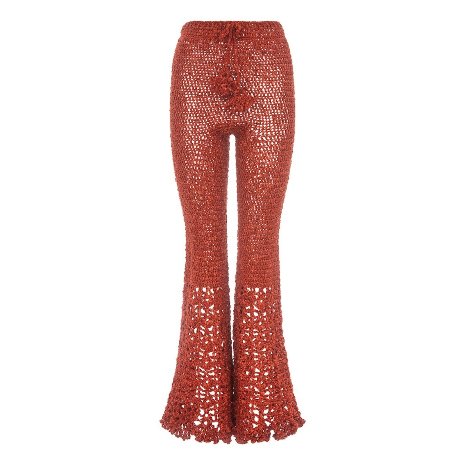 ANDREEVA - Chrysanthemum Terracotta Handmade Crochet Flared Pants, buy at DOORS NYC