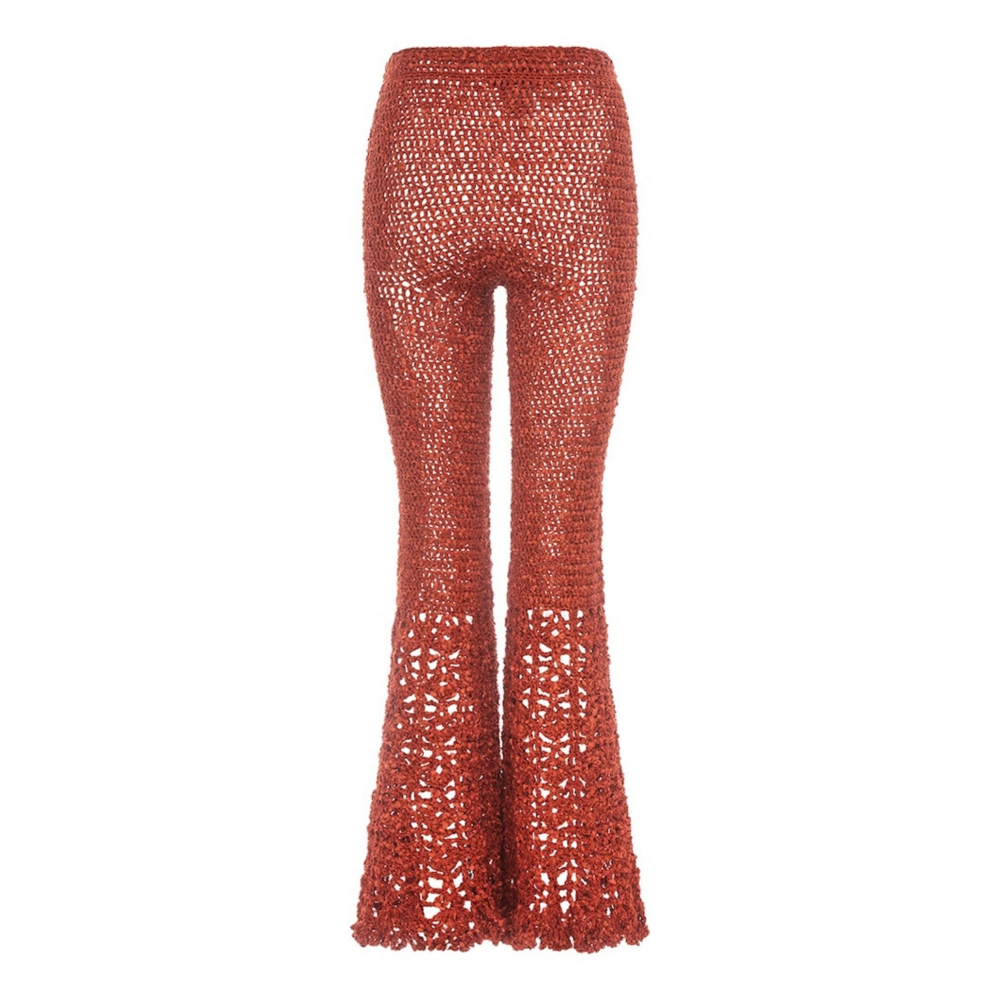 ANDREEVA - Chrysanthemum Terracotta Handmade Crochet Flared Pants, buy at DOORS NYC