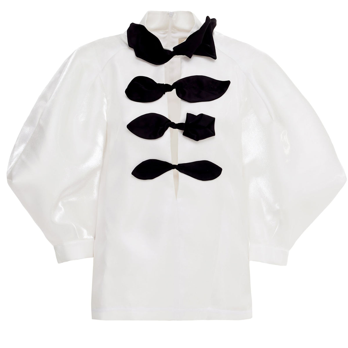 Taffeta Deep V-Neck Blouse With Satin Floral Detail | White