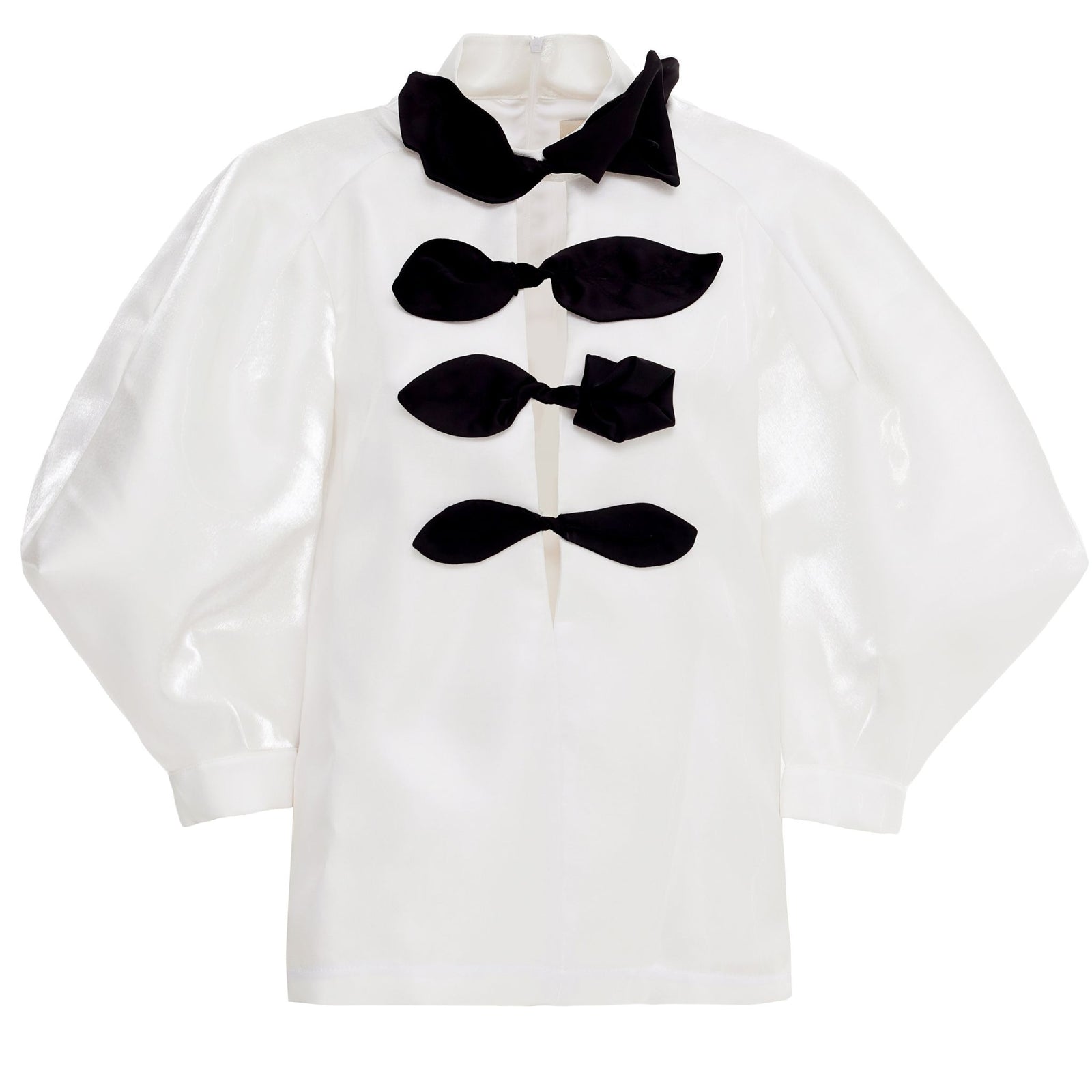 Taffeta Deep V-Neck Blouse With Satin Floral Detail | White