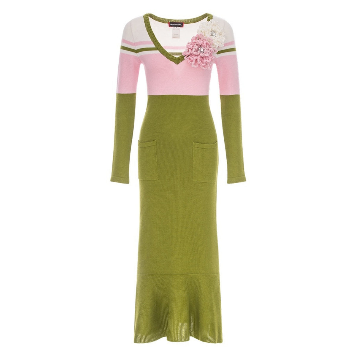 ANDREEVA - Chrysanthemum Green Knit Midi Dress with Swarovski Details, buy at DOORS NYC