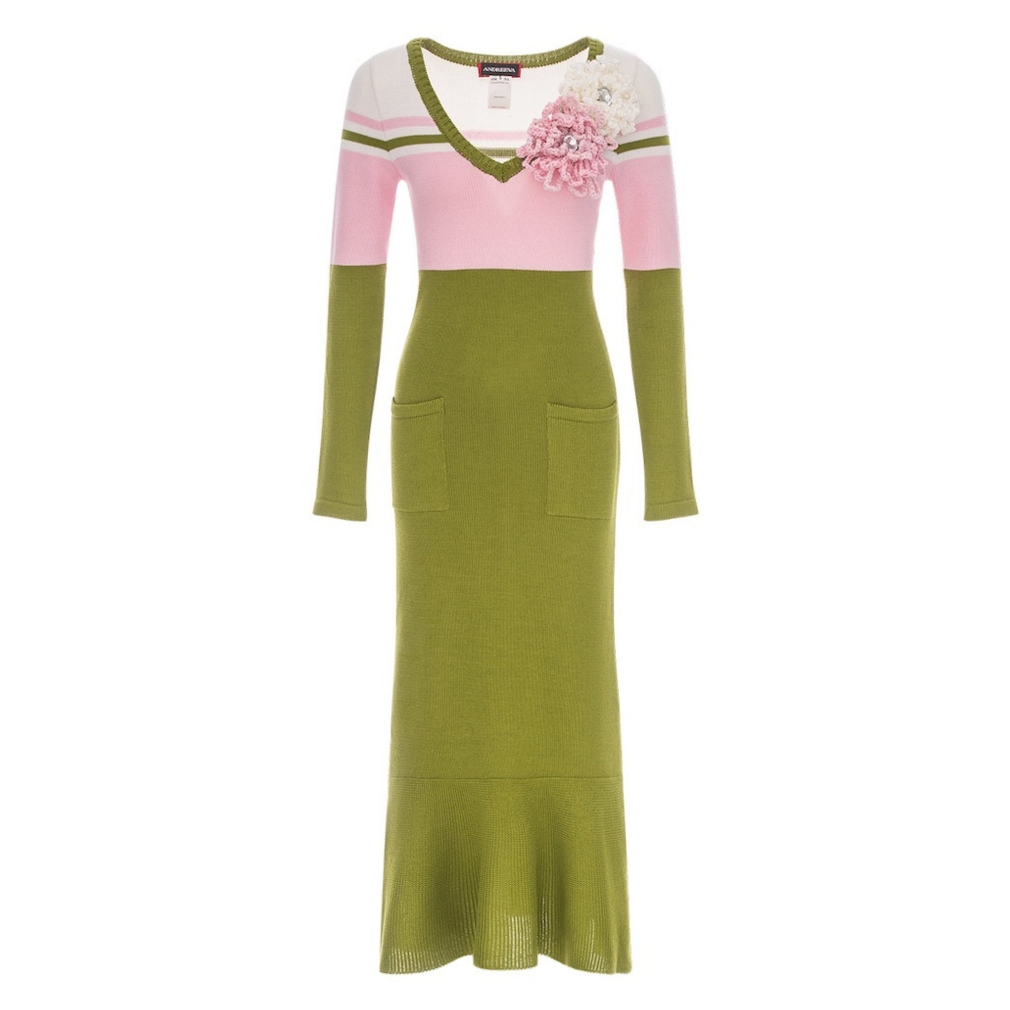 ANDREEVA - Chrysanthemum Green Knit Midi Dress with Swarovski Details, buy at DOORS NYC