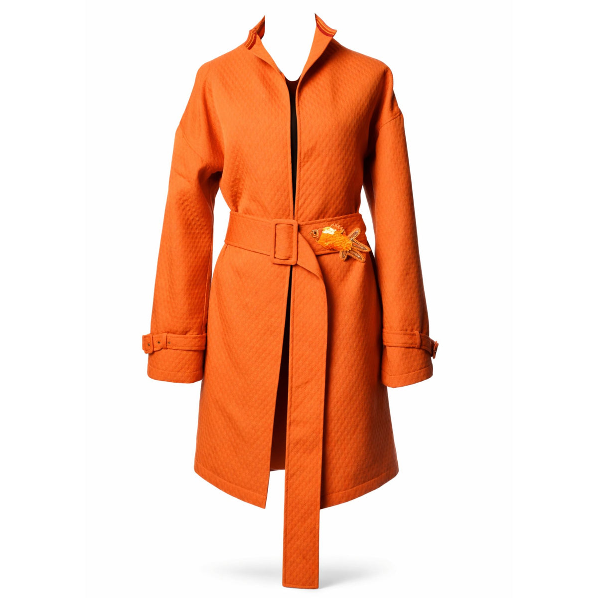 Tangerine Quilted Belted Coat with Asian Collar