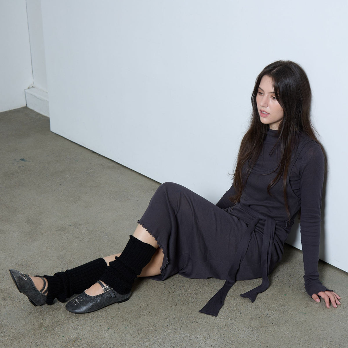 Black Distressed Lace-Up Ballerina Flats