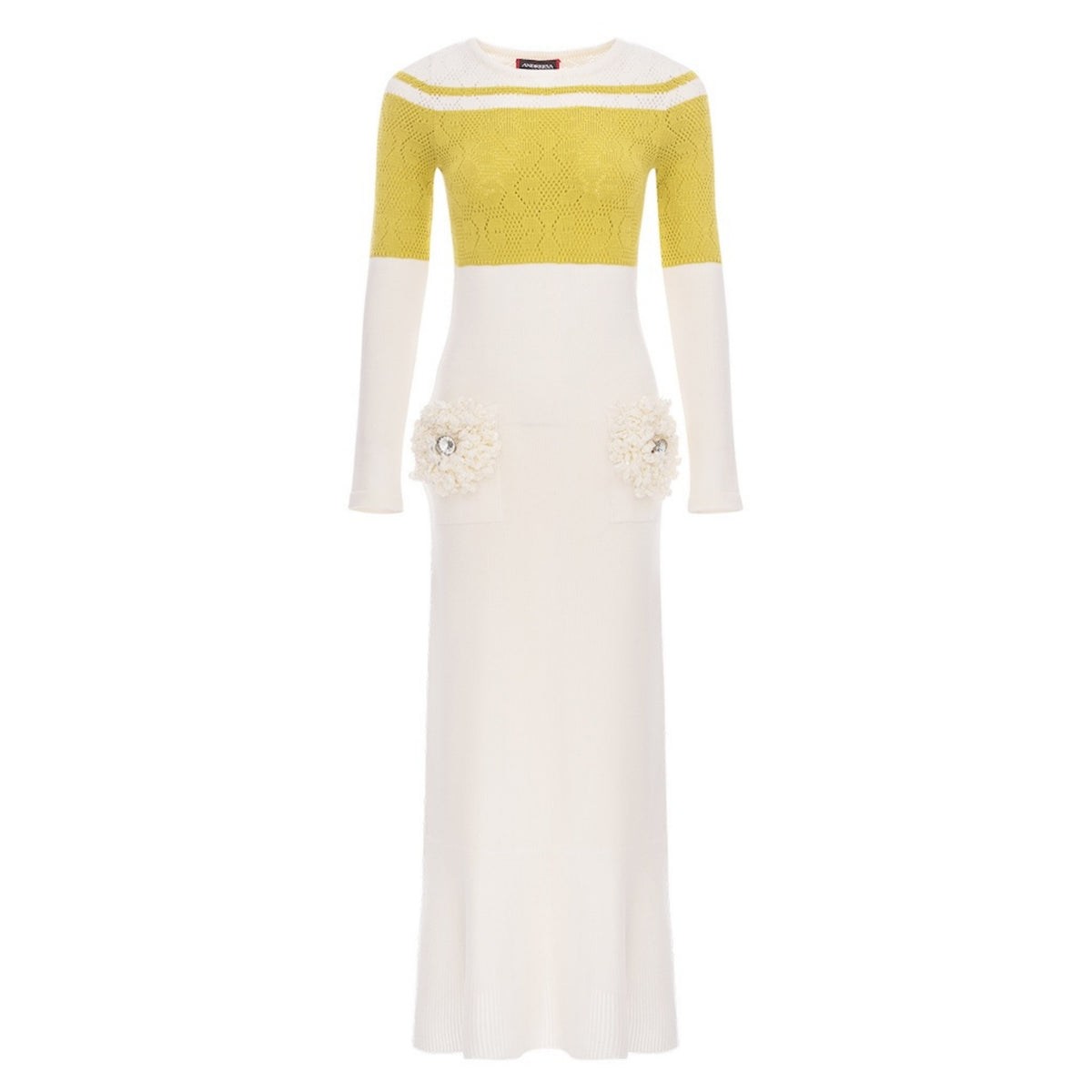 ANDREEVA - Chrysanthemum White Knit Midi Dress with Swarovski Details, buy at DOORS NYC