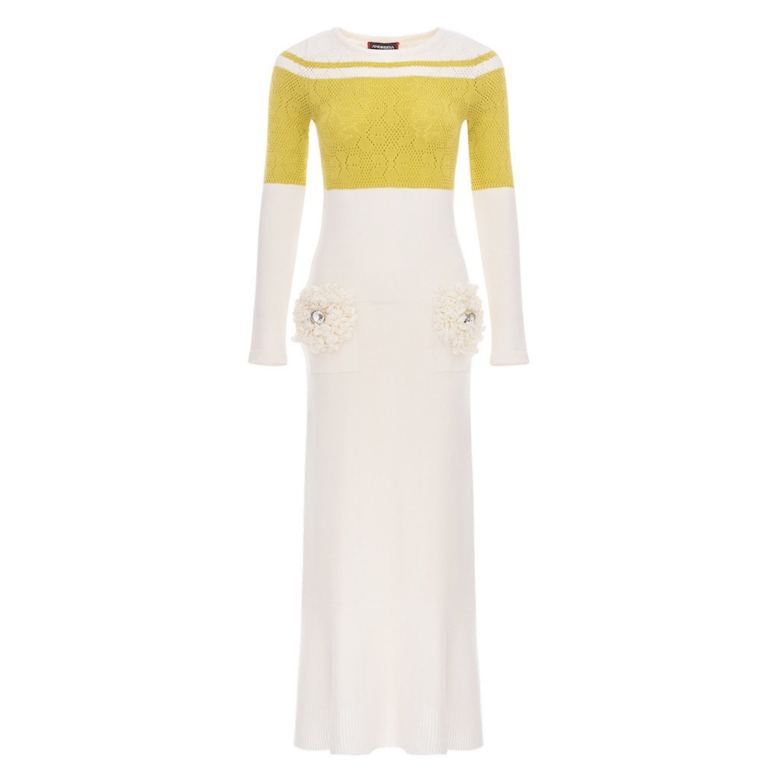 ANDREEVA - Chrysanthemum White Knit Midi Dress with Swarovski Details, buy at DOORS NYC