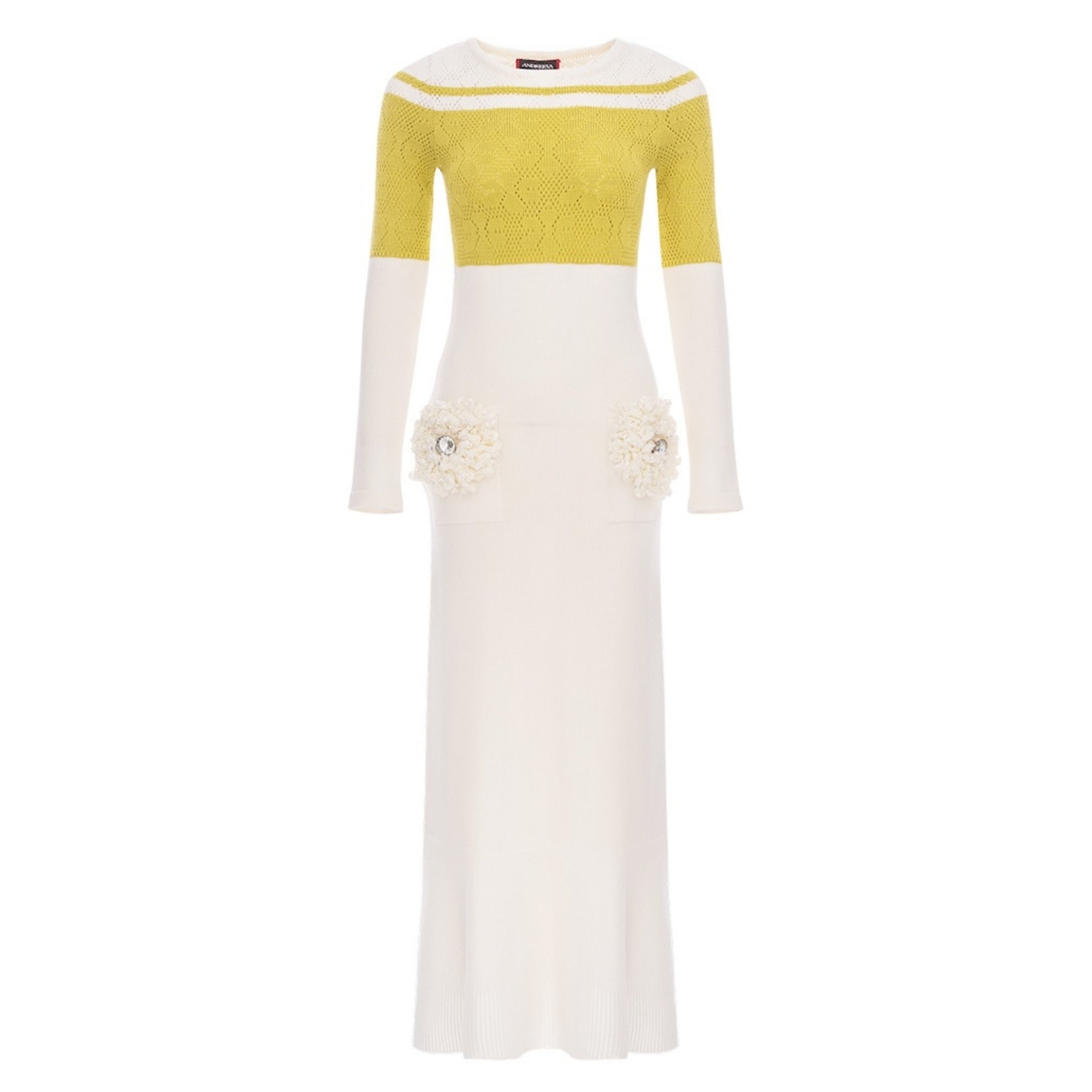 ANDREEVA - Chrysanthemum White Knit Midi Dress with Swarovski Details, buy at DOORS NYC