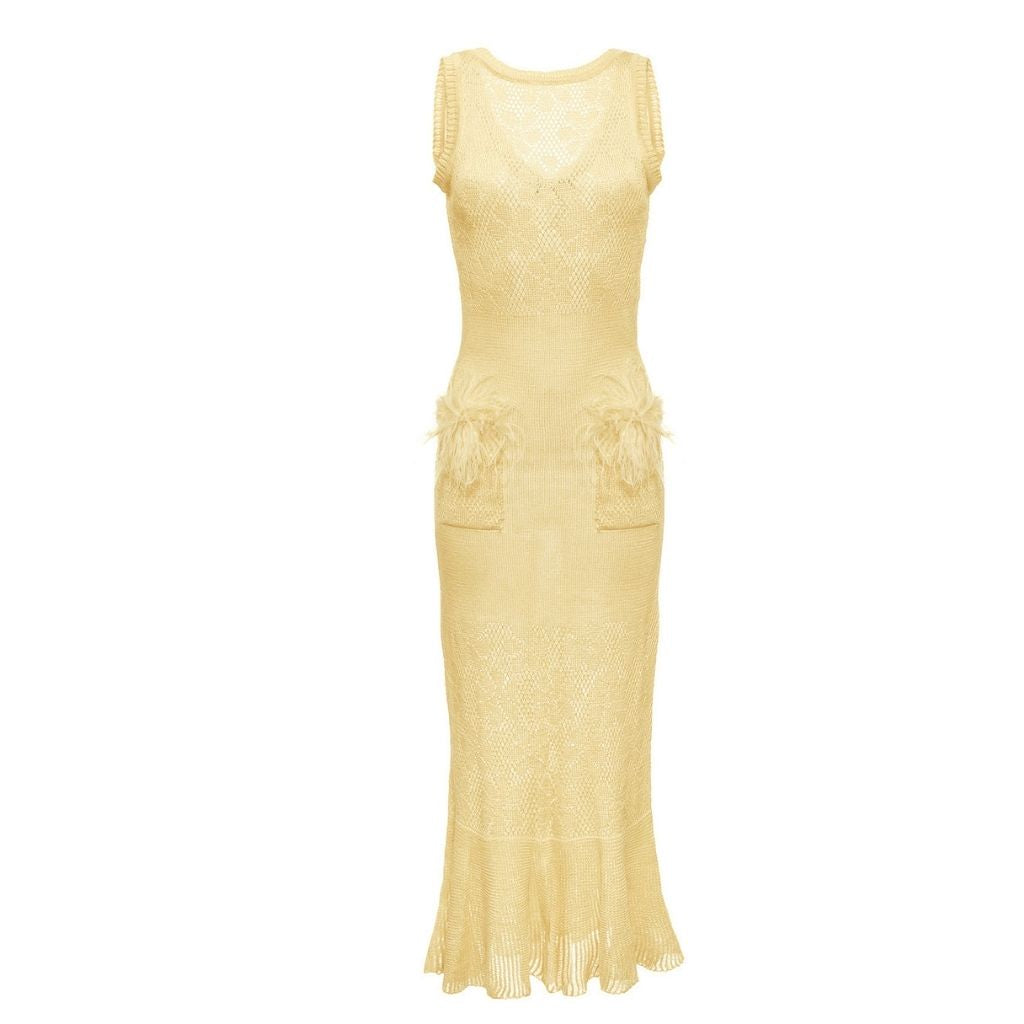 ANDREEVA - Butter Yellow Knit Dress With Feathers, buy at DOORS NYC