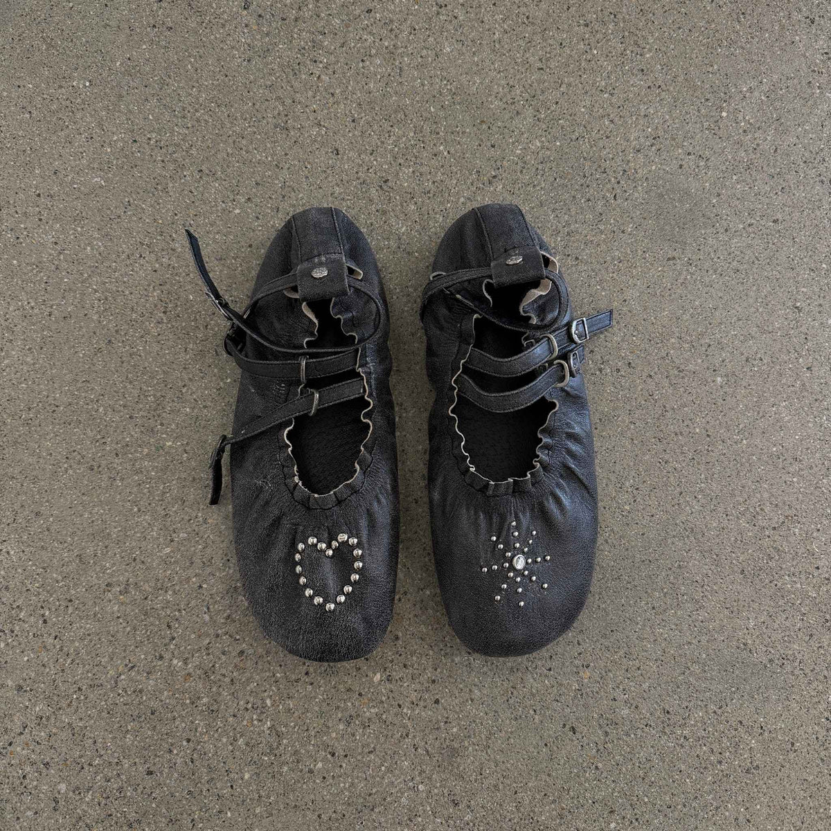 Black Distressed Lace-Up Ballerina Flats