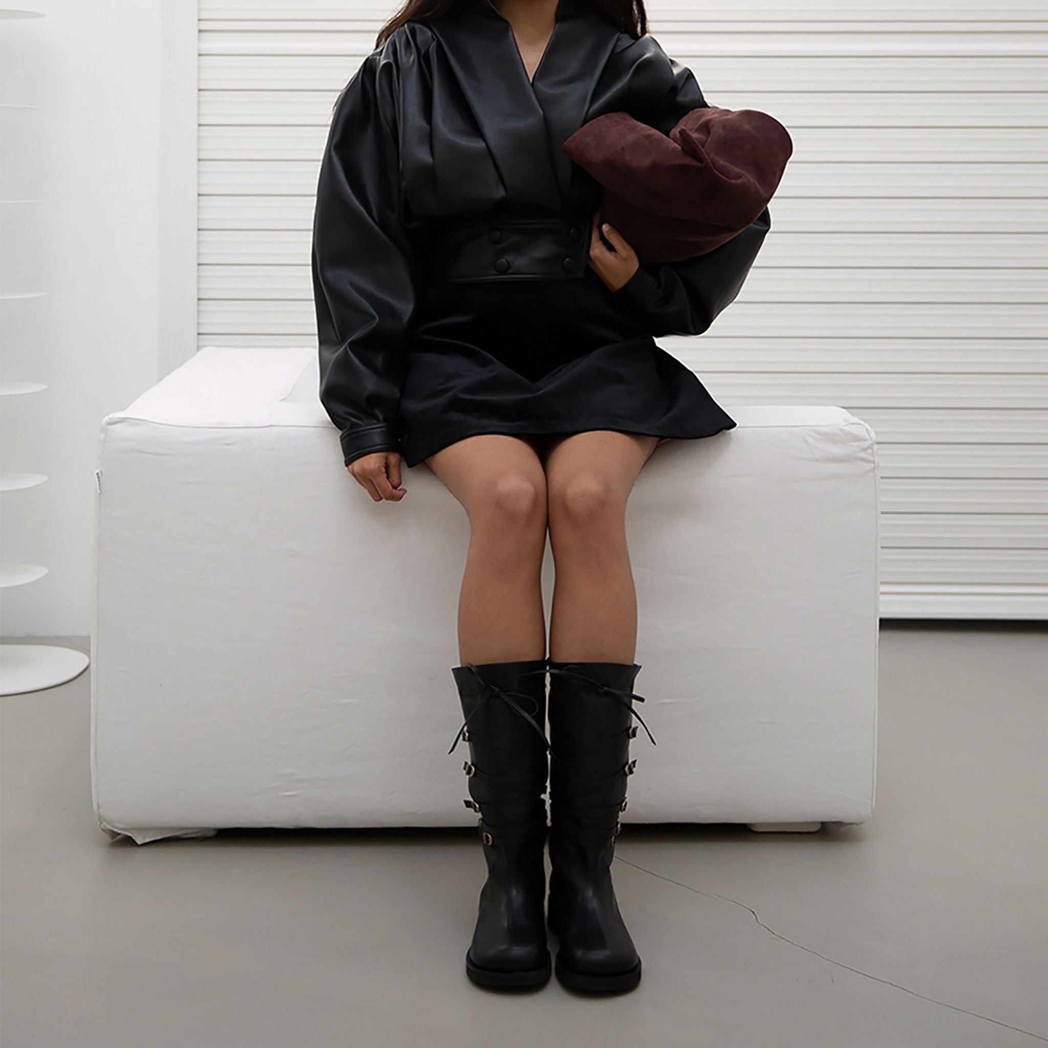 Black Leather 
Multi‑Strap Buckle Mid-Calf Boots