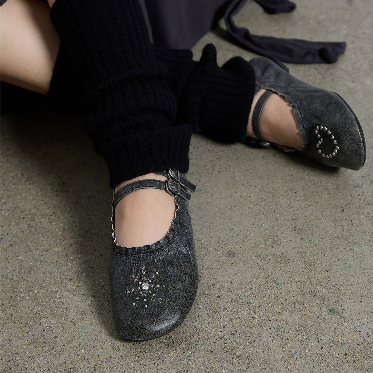 Black Distressed Lace-Up Ballerina Flats