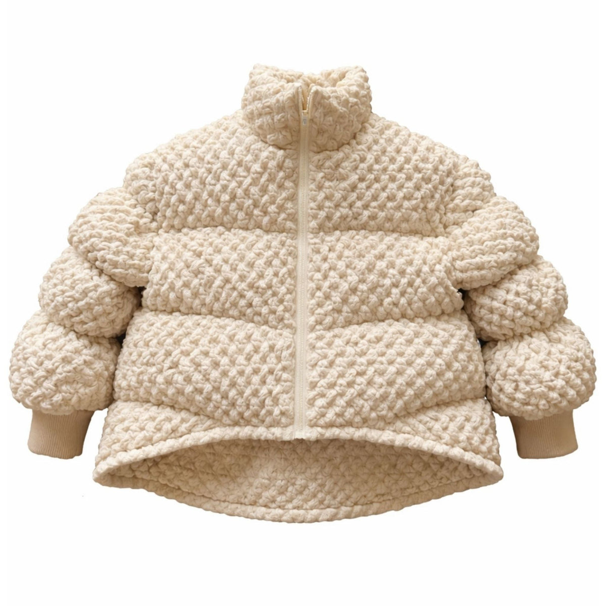 Beige Sculpted COCOON Puffer Jacket in Textured Knit