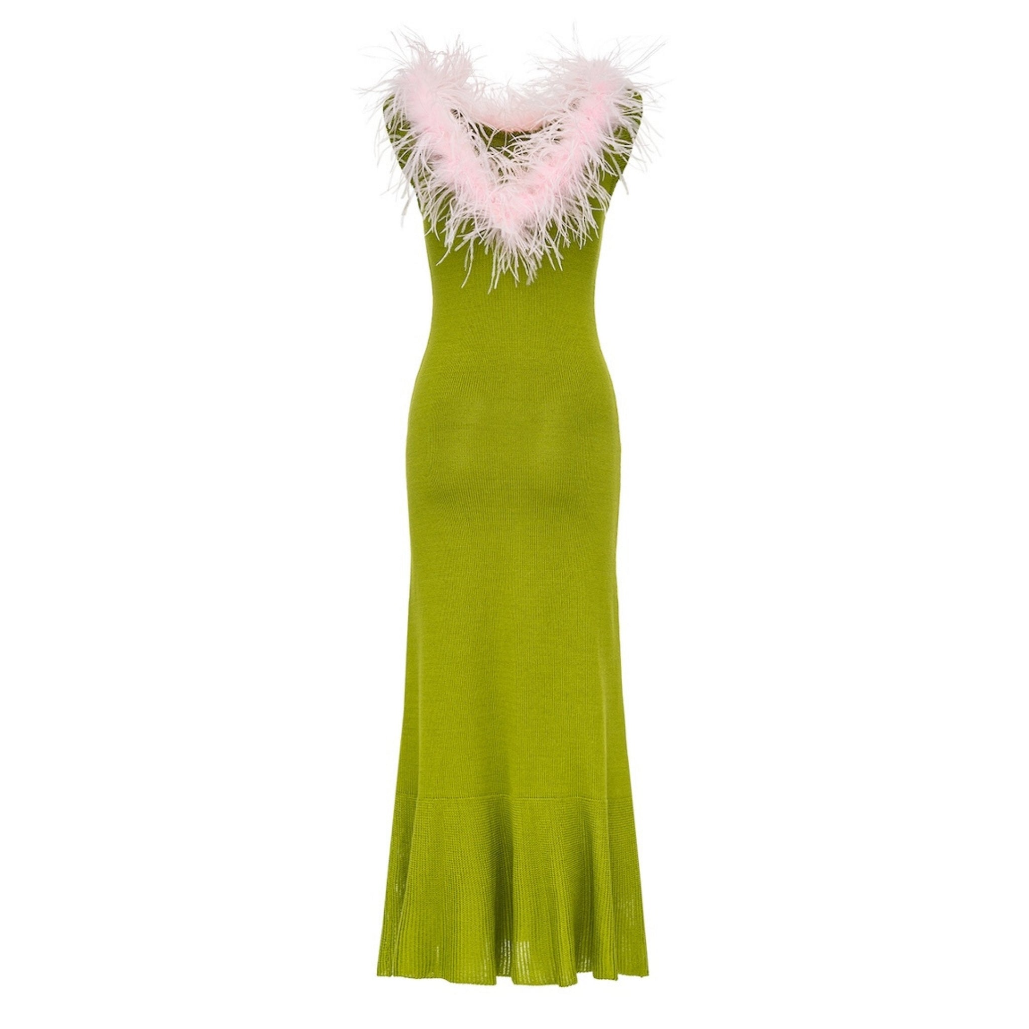 ANDREEVA - Chrysanthemum Green Knit Dress with Pink Ostrich Feathers, buy at DOORS NYC