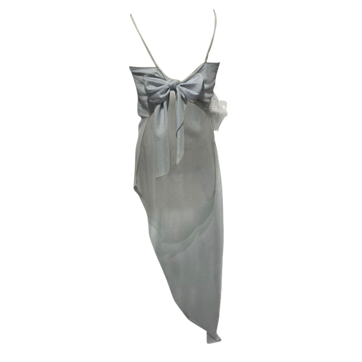 OTKUTYR - Light Blue Asymmetrical Satin Top with Floral Appliqué &amp; Back Bow, buy at DOORS NYC