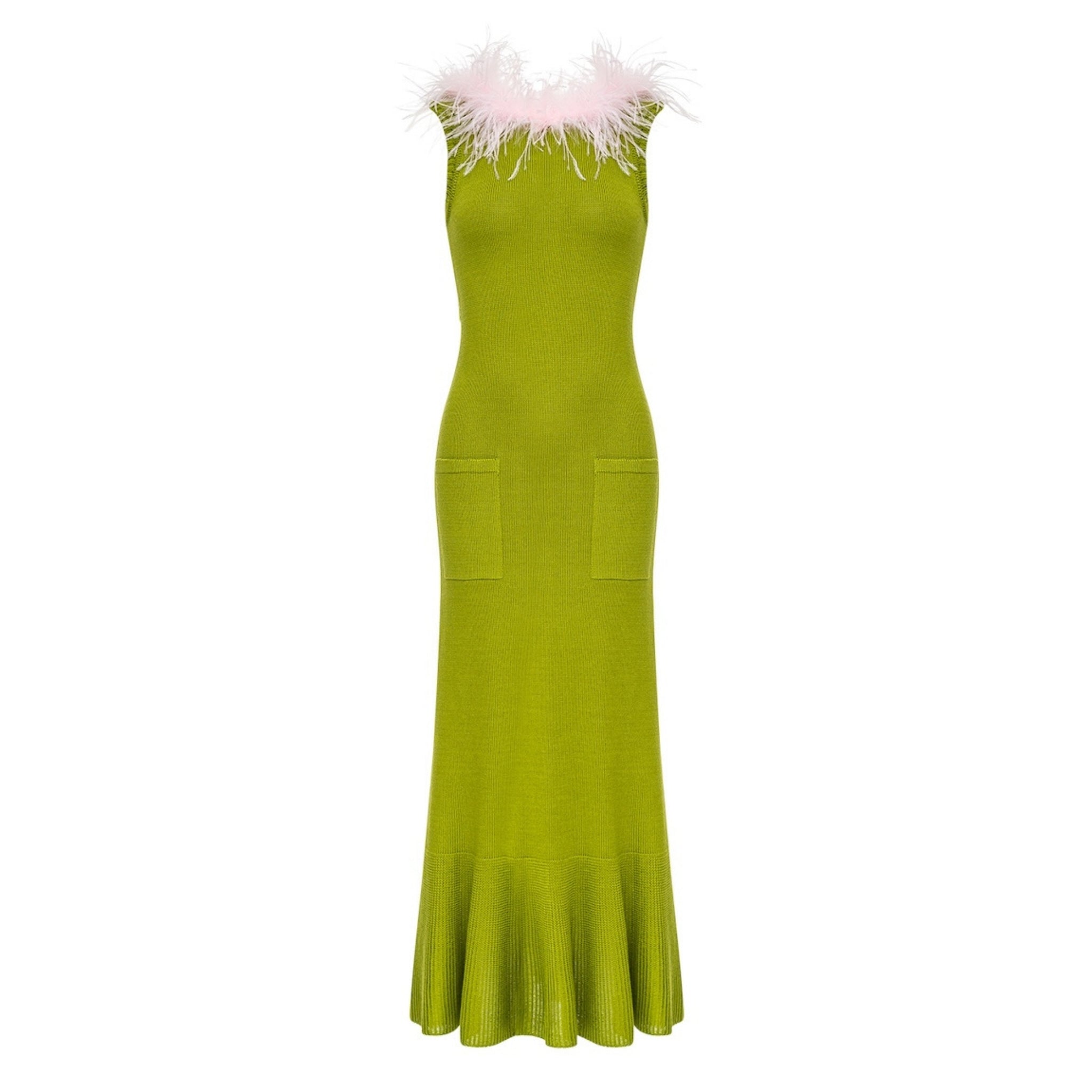 ANDREEVA - Chrysanthemum Green Knit Dress with Pink Ostrich Feathers, buy at DOORS NYC