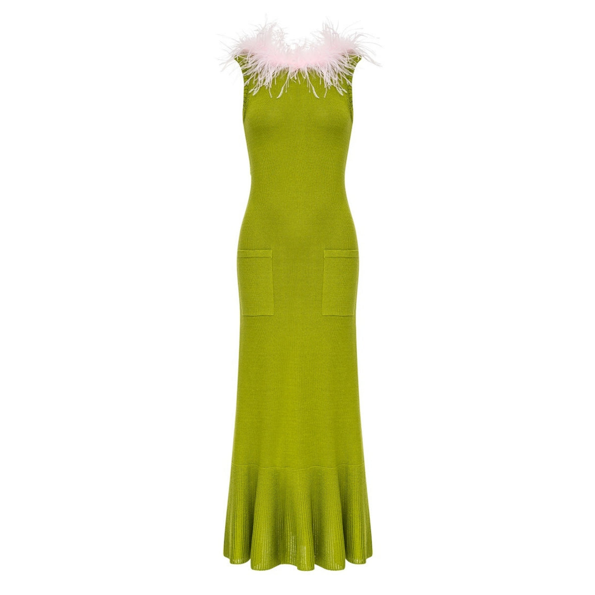 ANDREEVA - Chrysanthemum Green Knit Dress with Pink Ostrich Feathers, buy at DOORS NYC