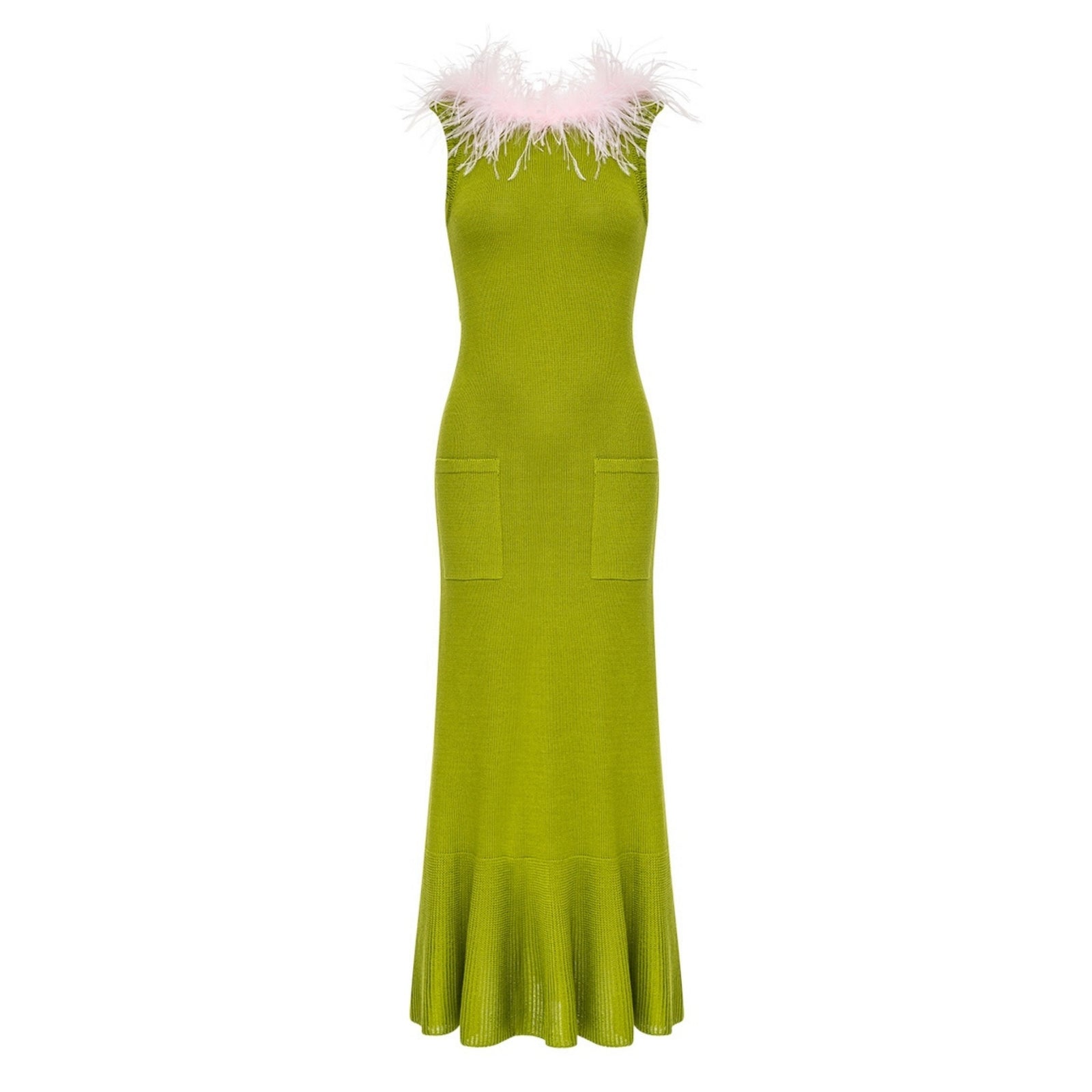 ANDREEVA - Chrysanthemum Green Knit Dress with Pink Ostrich Feathers, buy at DOORS NYC