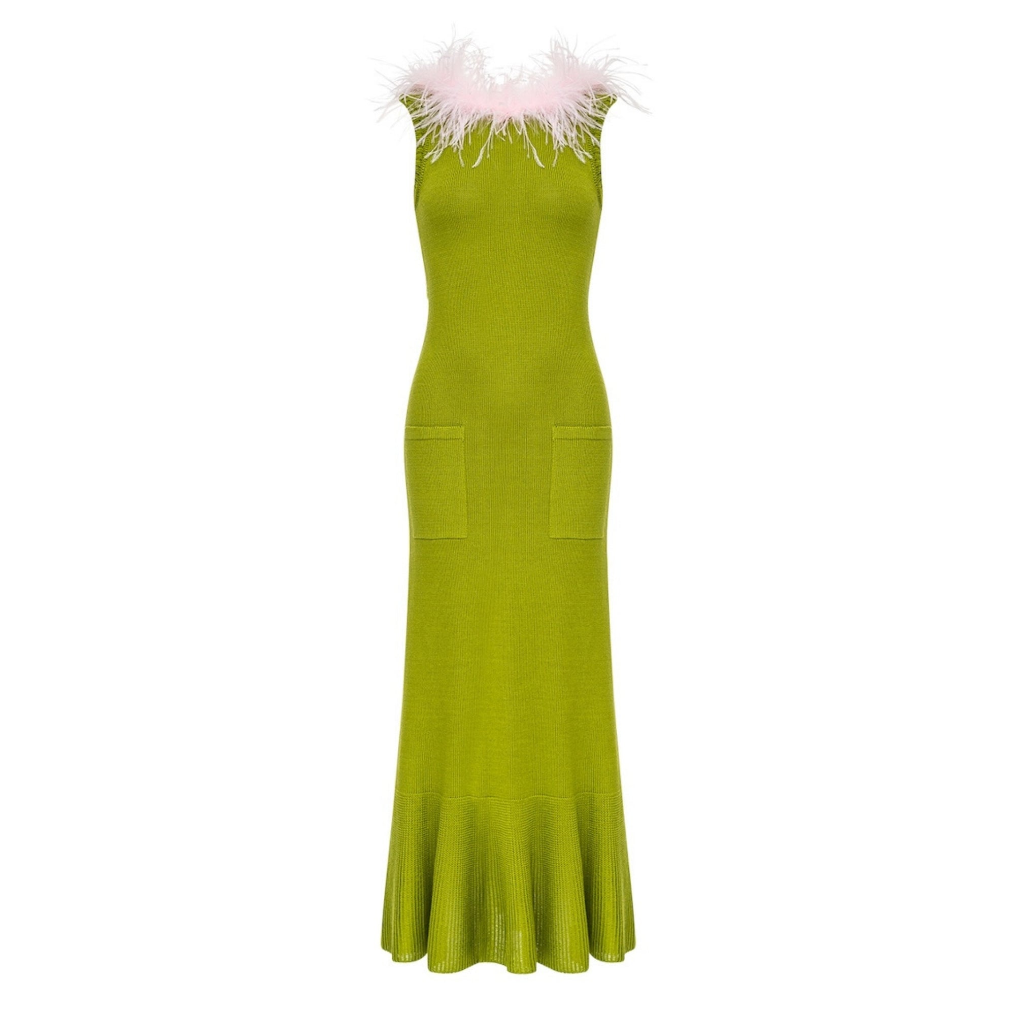 ANDREEVA - Chrysanthemum Green Knit Dress with Pink Ostrich Feathers, buy at DOORS NYC