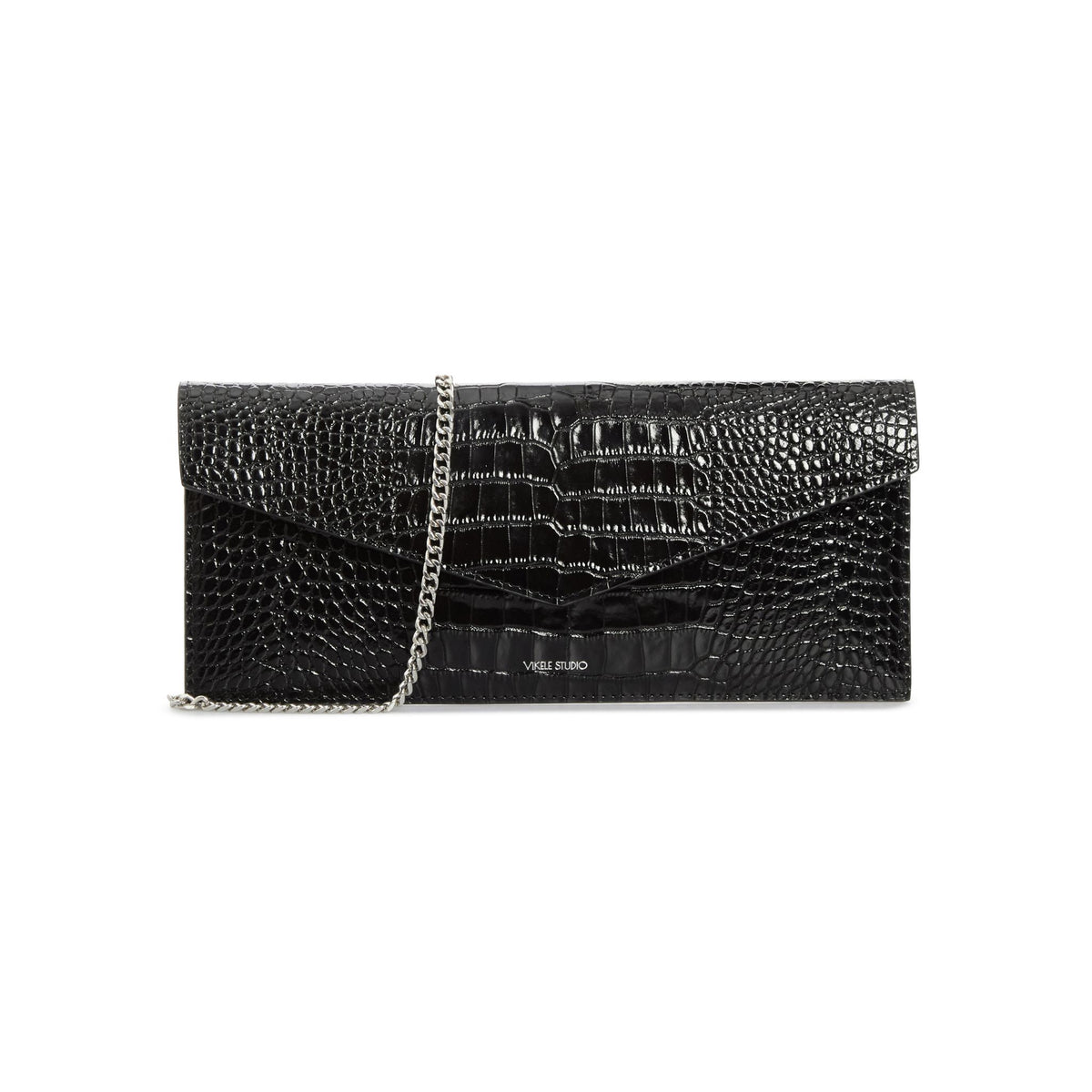 Black crocodile-patterned clutch bag with a chain strap on a white background