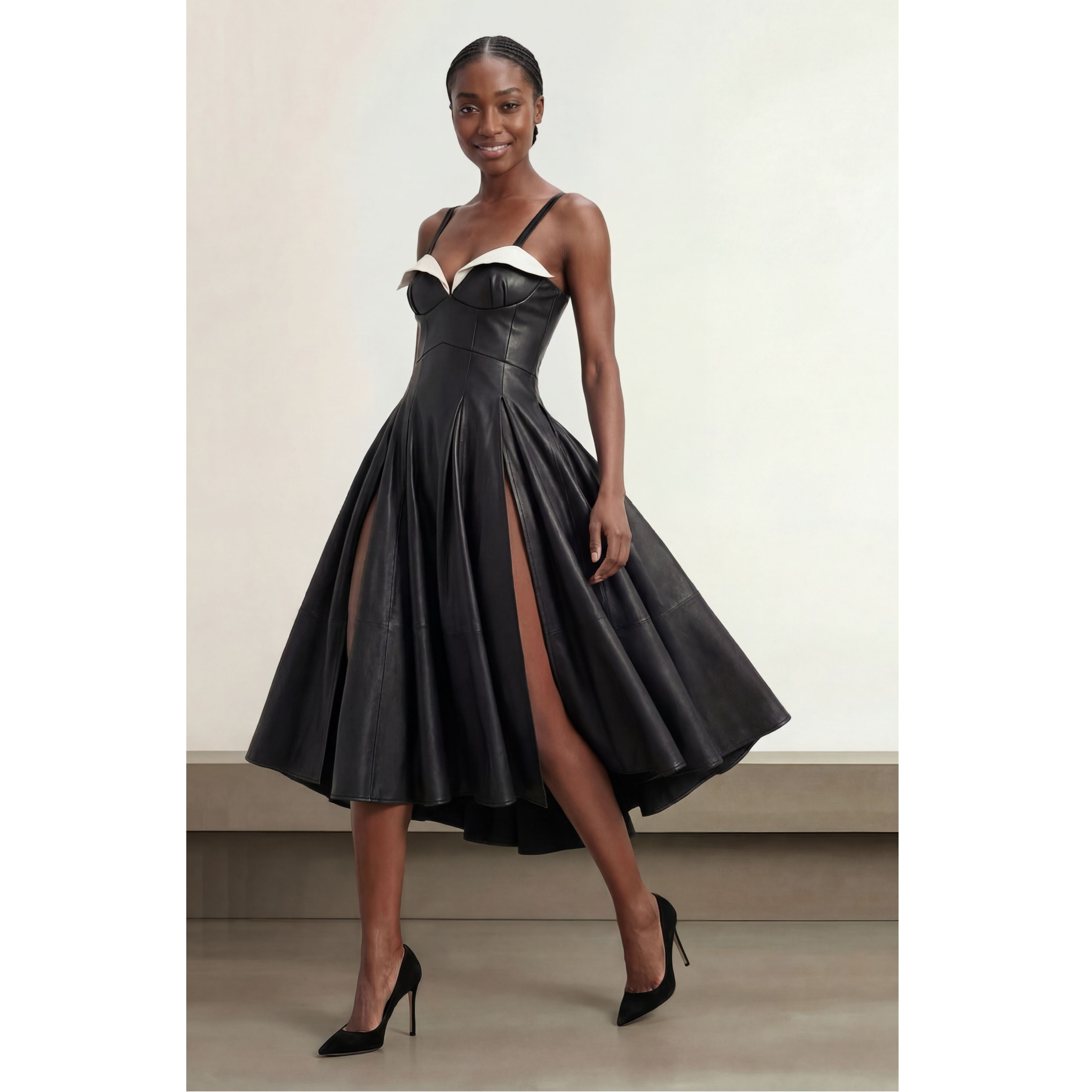 black vegan leather corset midi dress runway