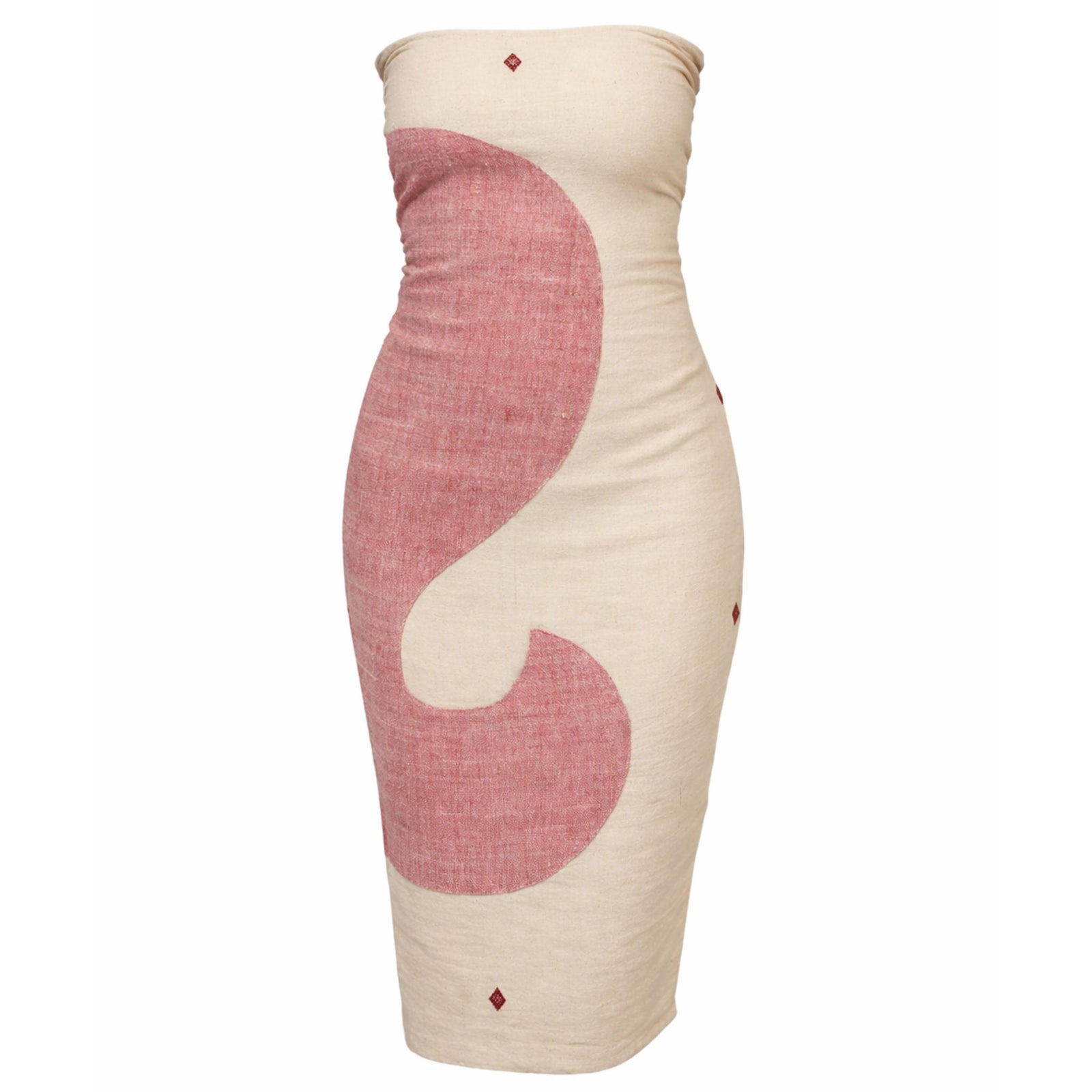 Beige Strapless Bodycon Mahua Dress with Pink Motif