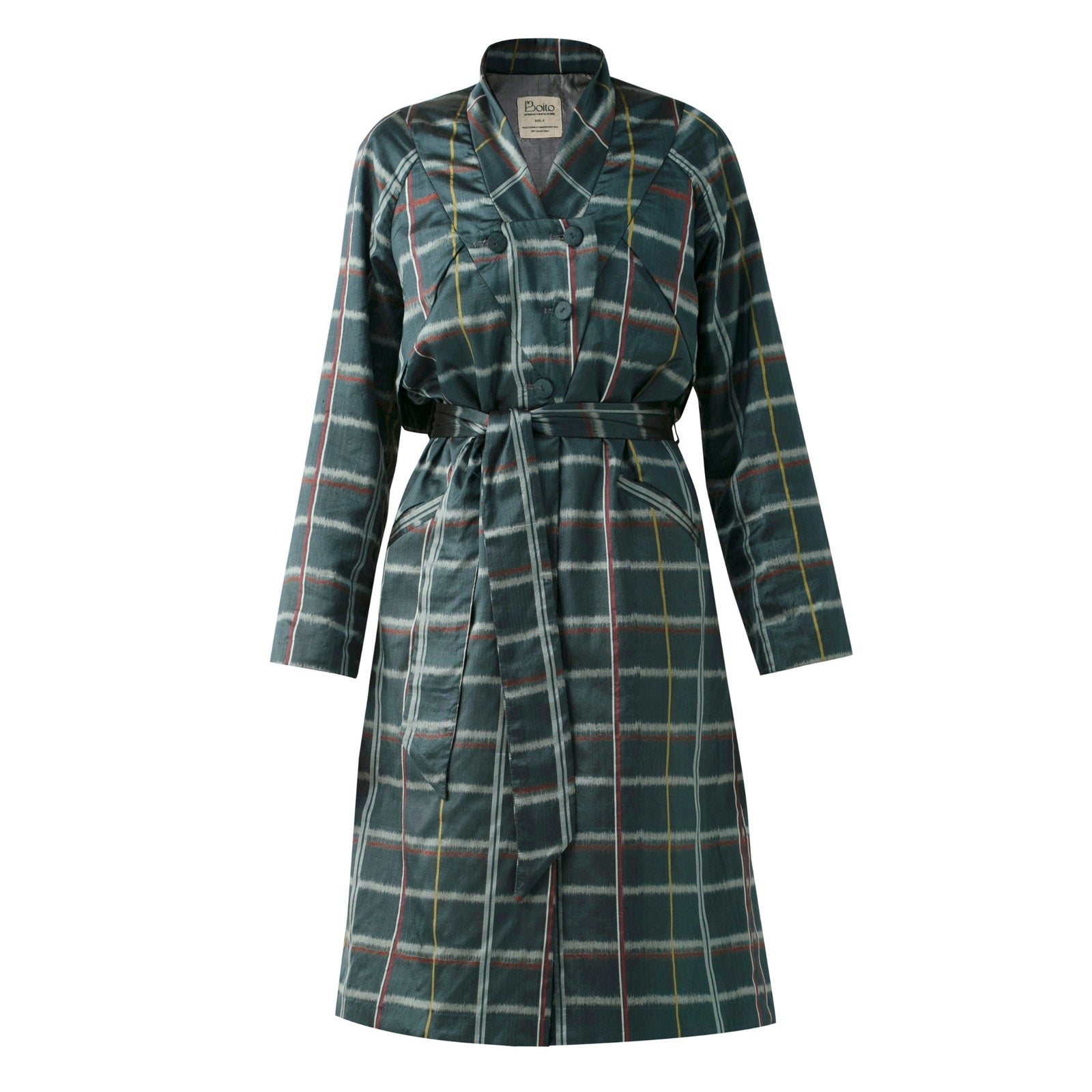 BOITO - Indigo Chequered Ikat Silk Trench Coat, buy at DOORS NYC