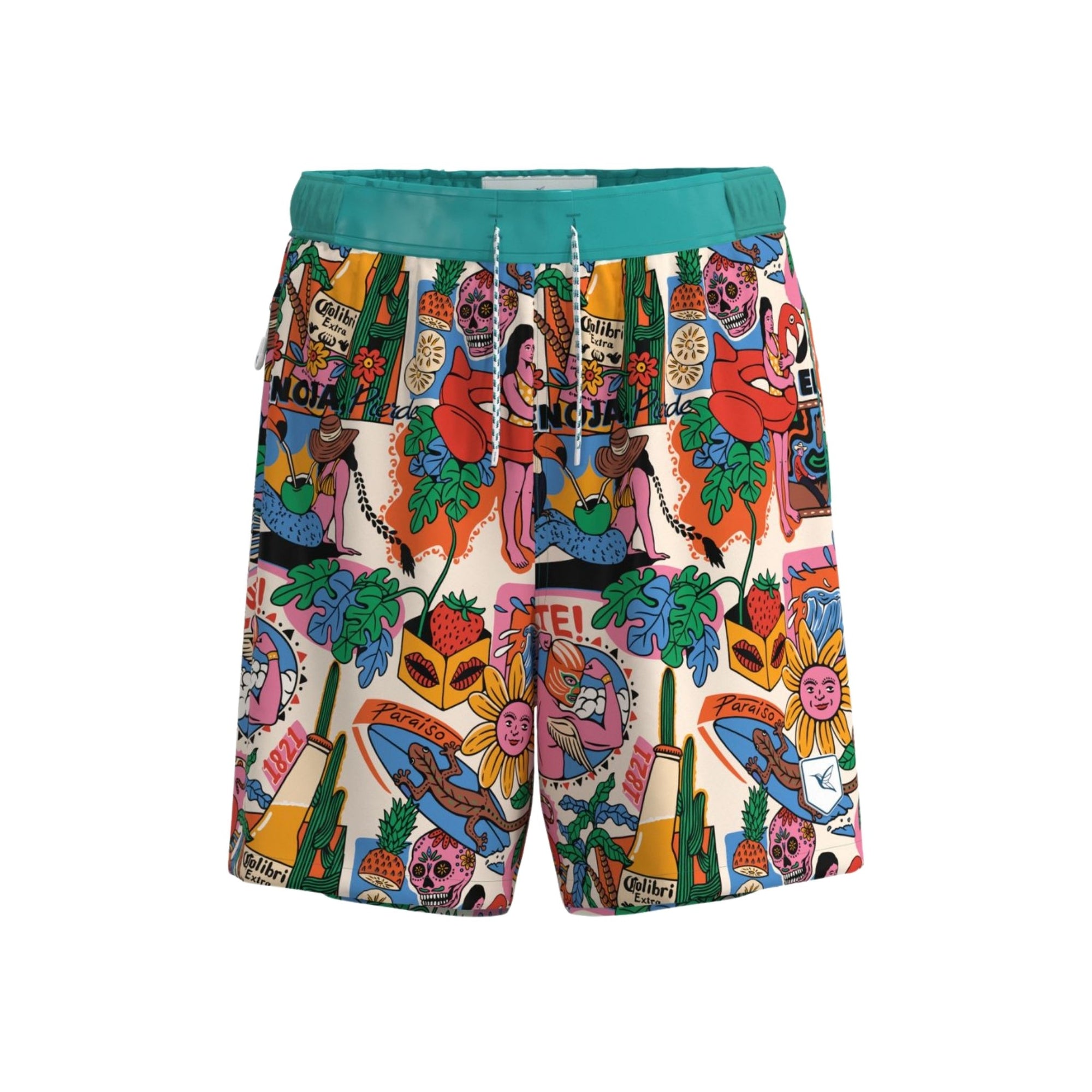 Front view of men’s Fuerte print board shorts by Live Kolibri
