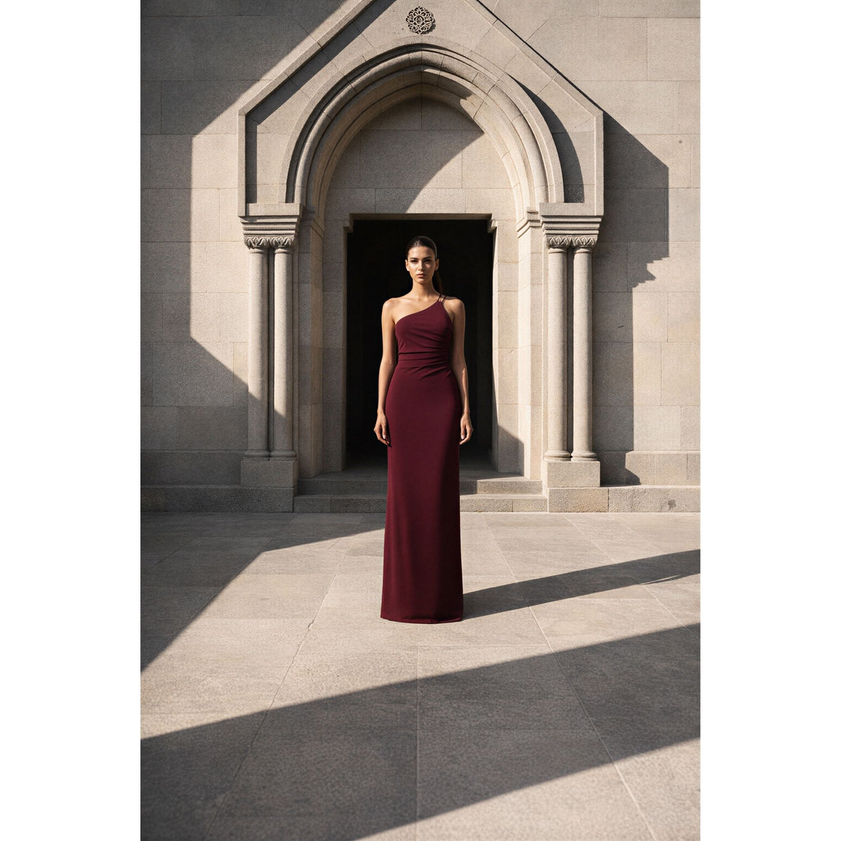Burgundy Dress Featuring Asymmetrical Pleats