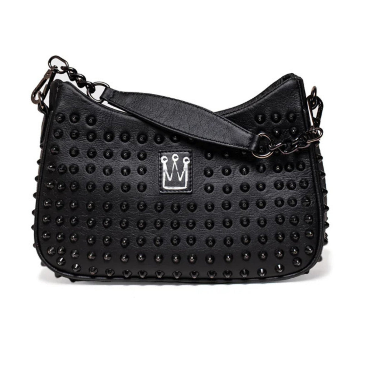 MVLUCKY - Black Vegan Leather Studded Glam Bag With Removable Straps, buy at DOORS NYC