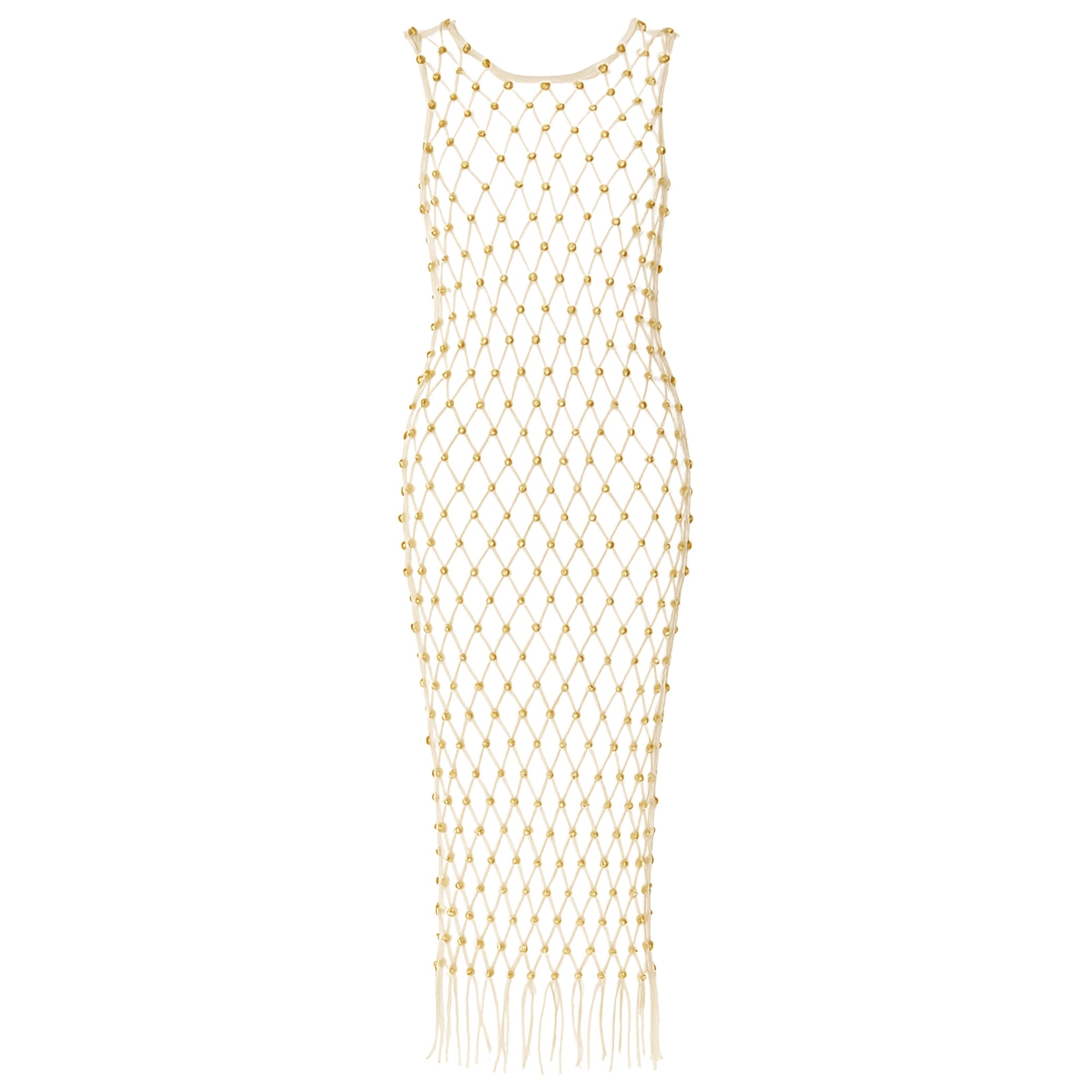 Front view of cream handwoven crochet dress with gold beads