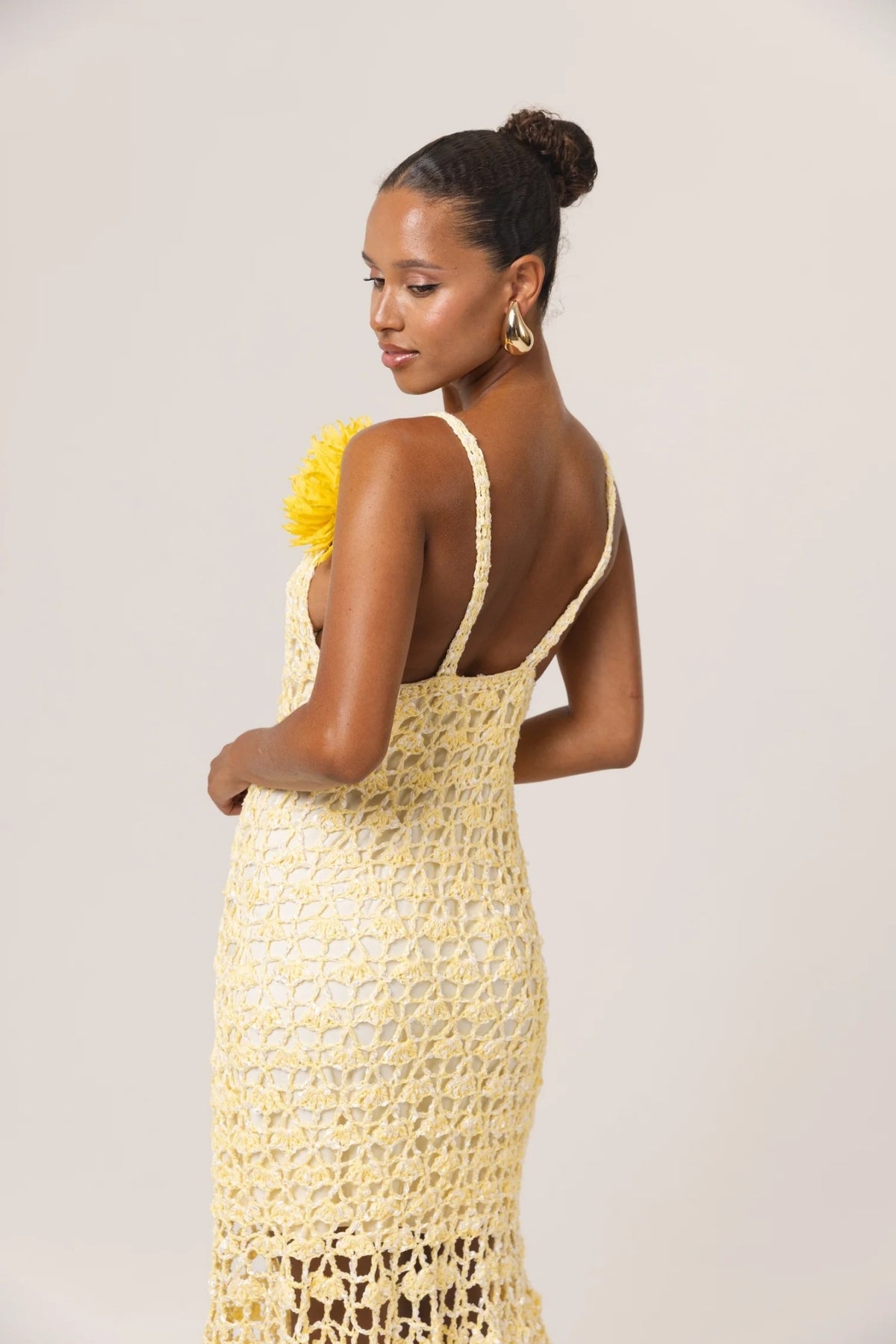 Butter Yellow Chrysanthemum Midi Handmade Crochet Dress