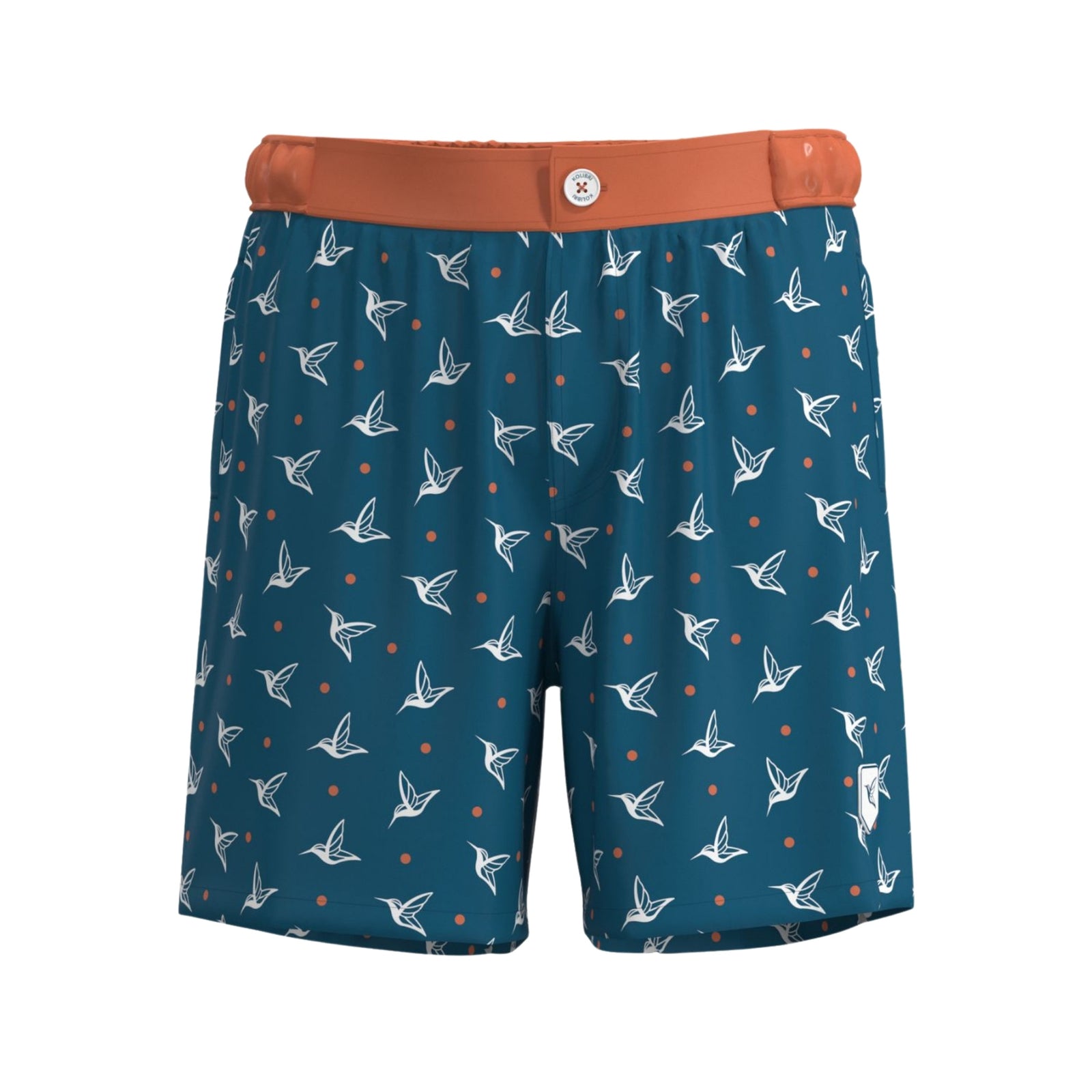 Front view of Deep Ocean monogram swim trunks by Live Kolibri