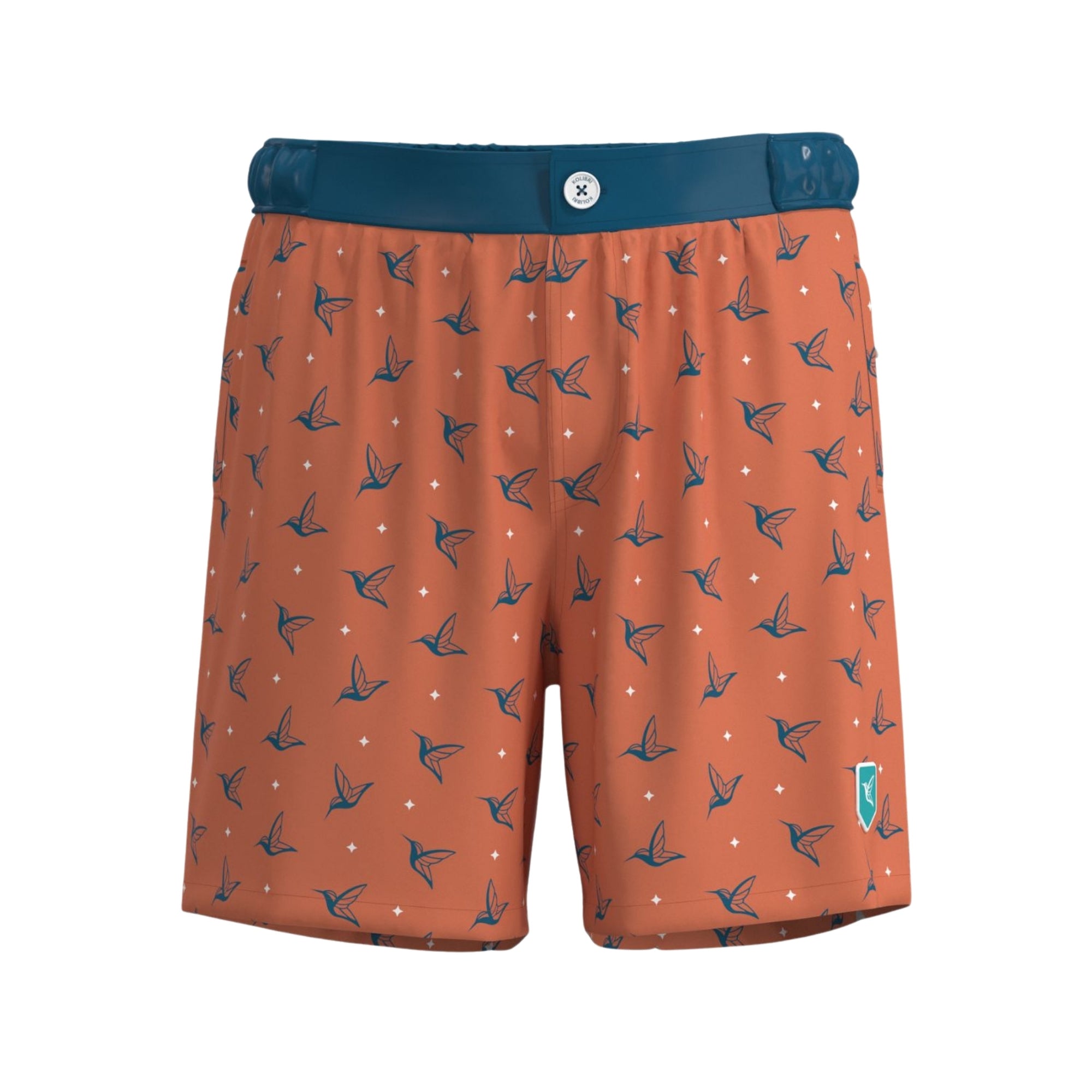 Front view of Sunset Orange monogram swim trunks by Live Kolibri
