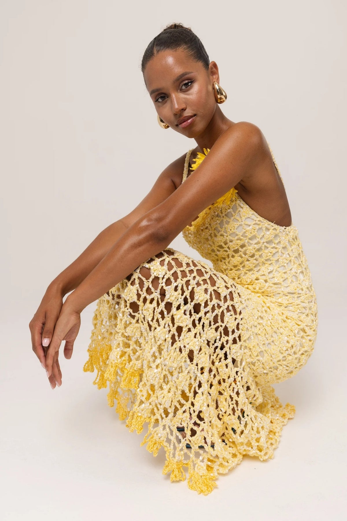 ANDREEVA - Butter Yellow Chrysanthemum Midi Handmade Crochet Dress, buy at DOORS NYC