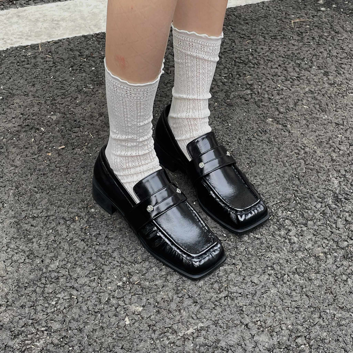 Black Square Leather Loafers with Shirring