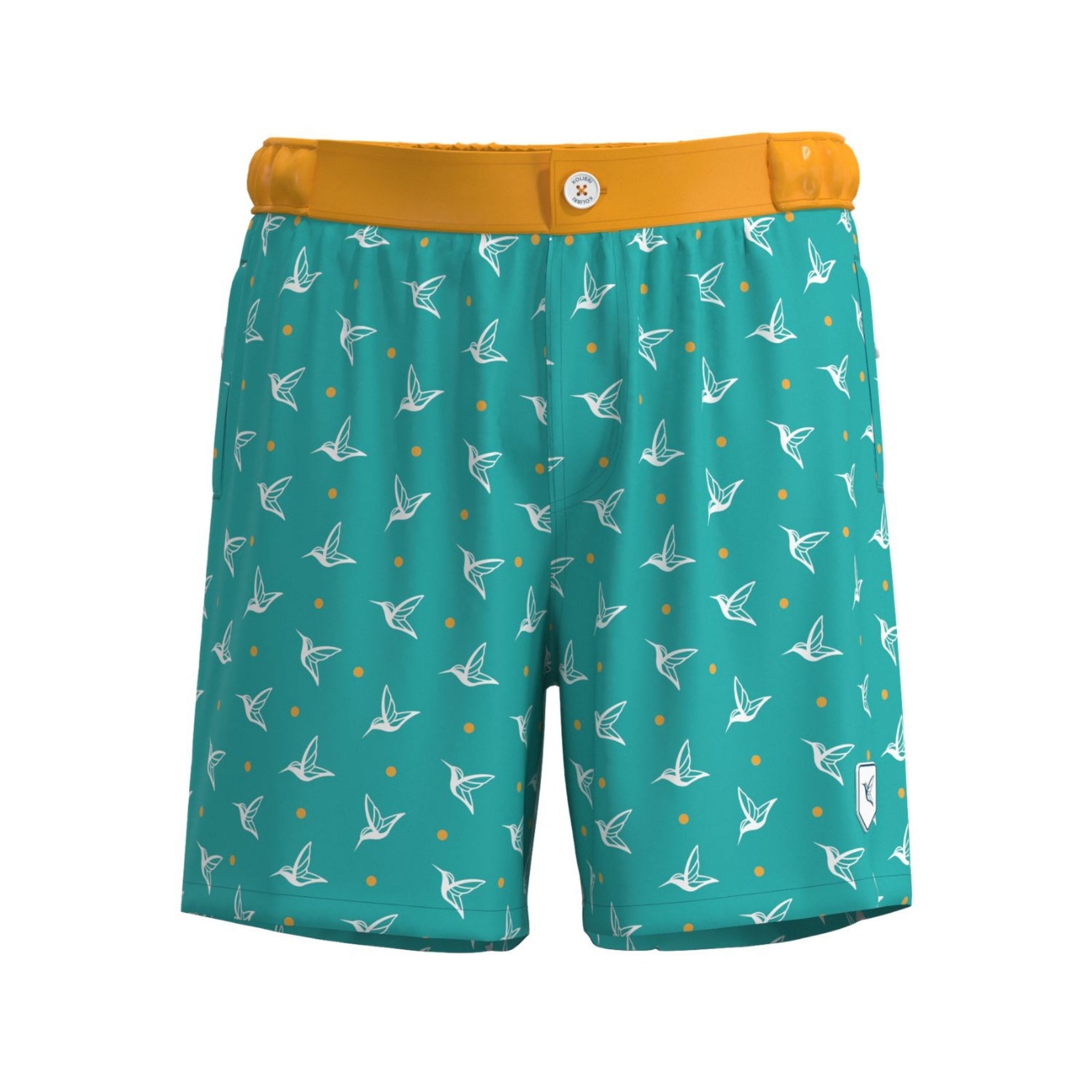 Front view of Aquamarine monogram swim trunks by Live Kolibri