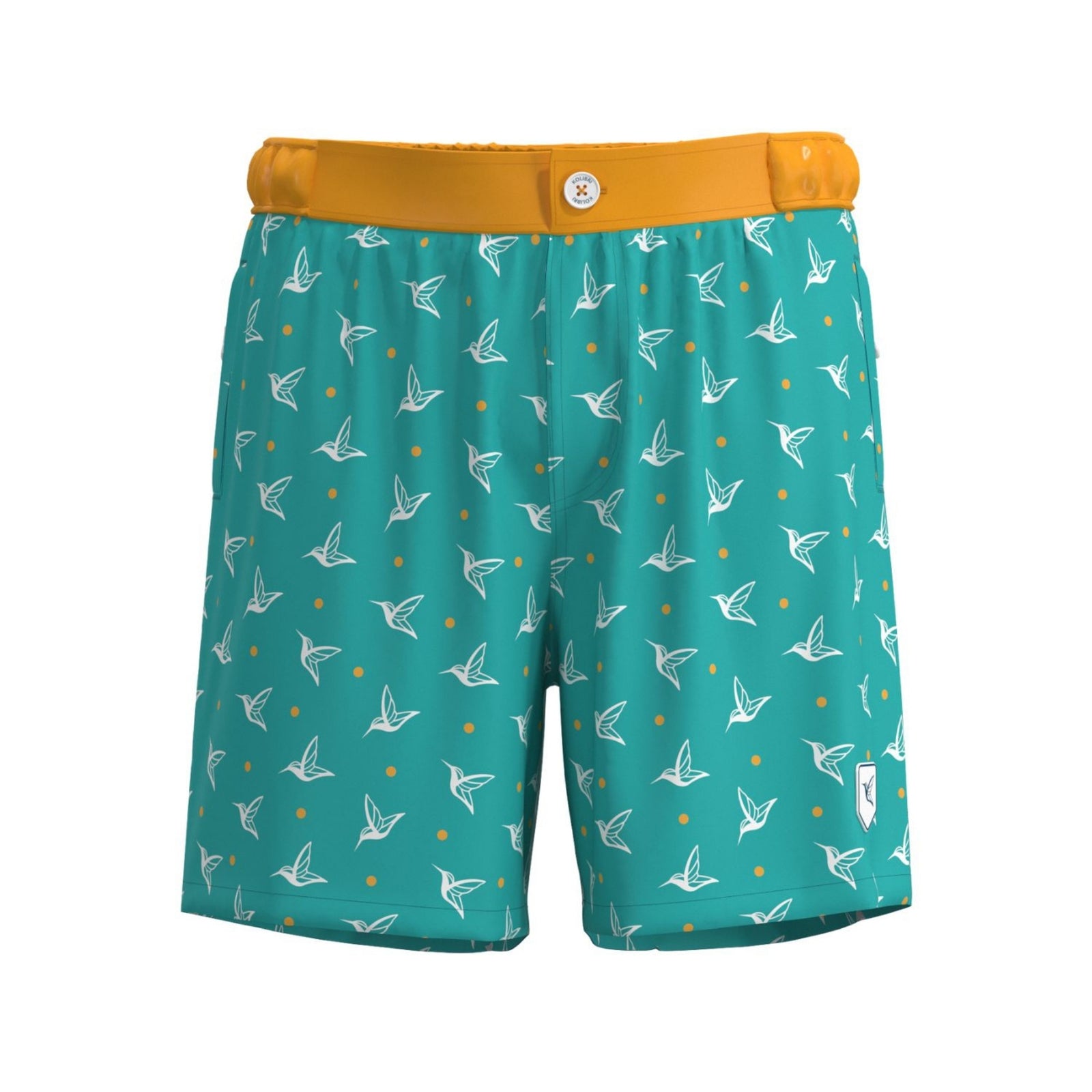 Front view of Aquamarine monogram swim trunks by Live Kolibri