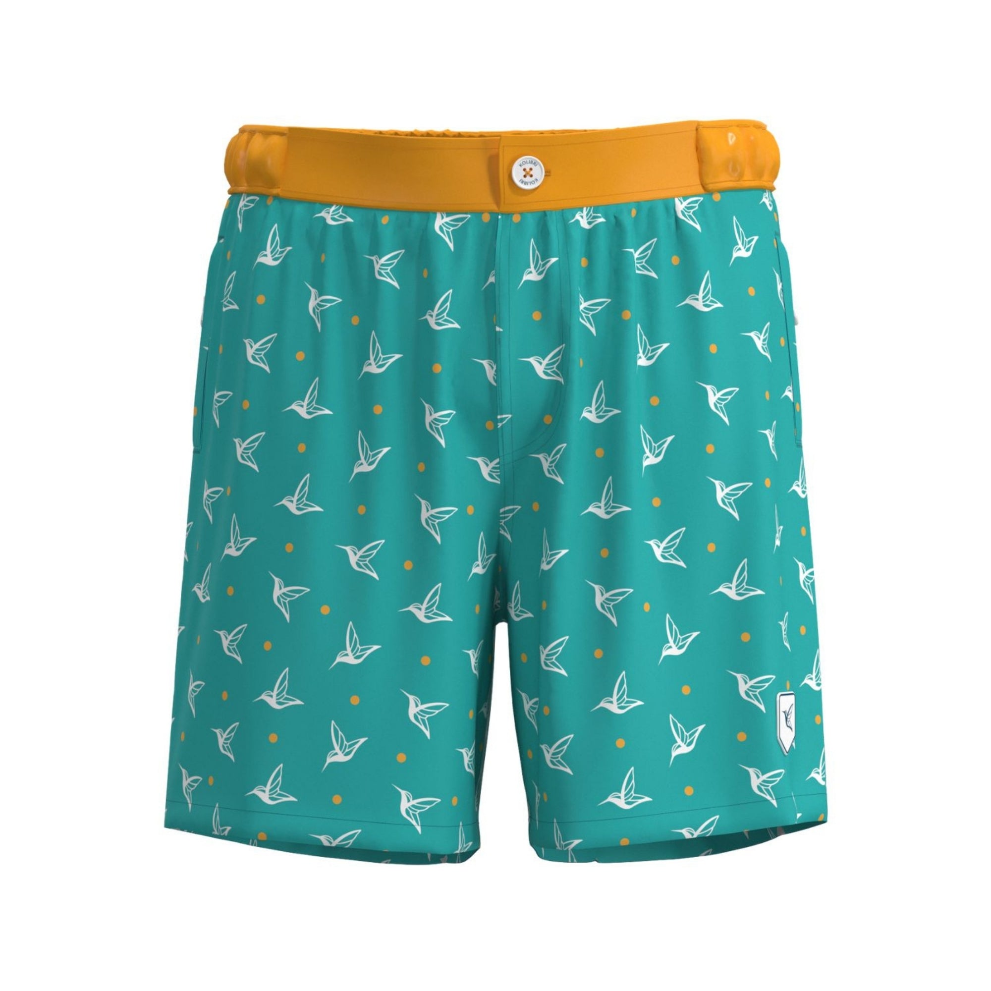 Front view of Aquamarine monogram swim trunks by Live Kolibri