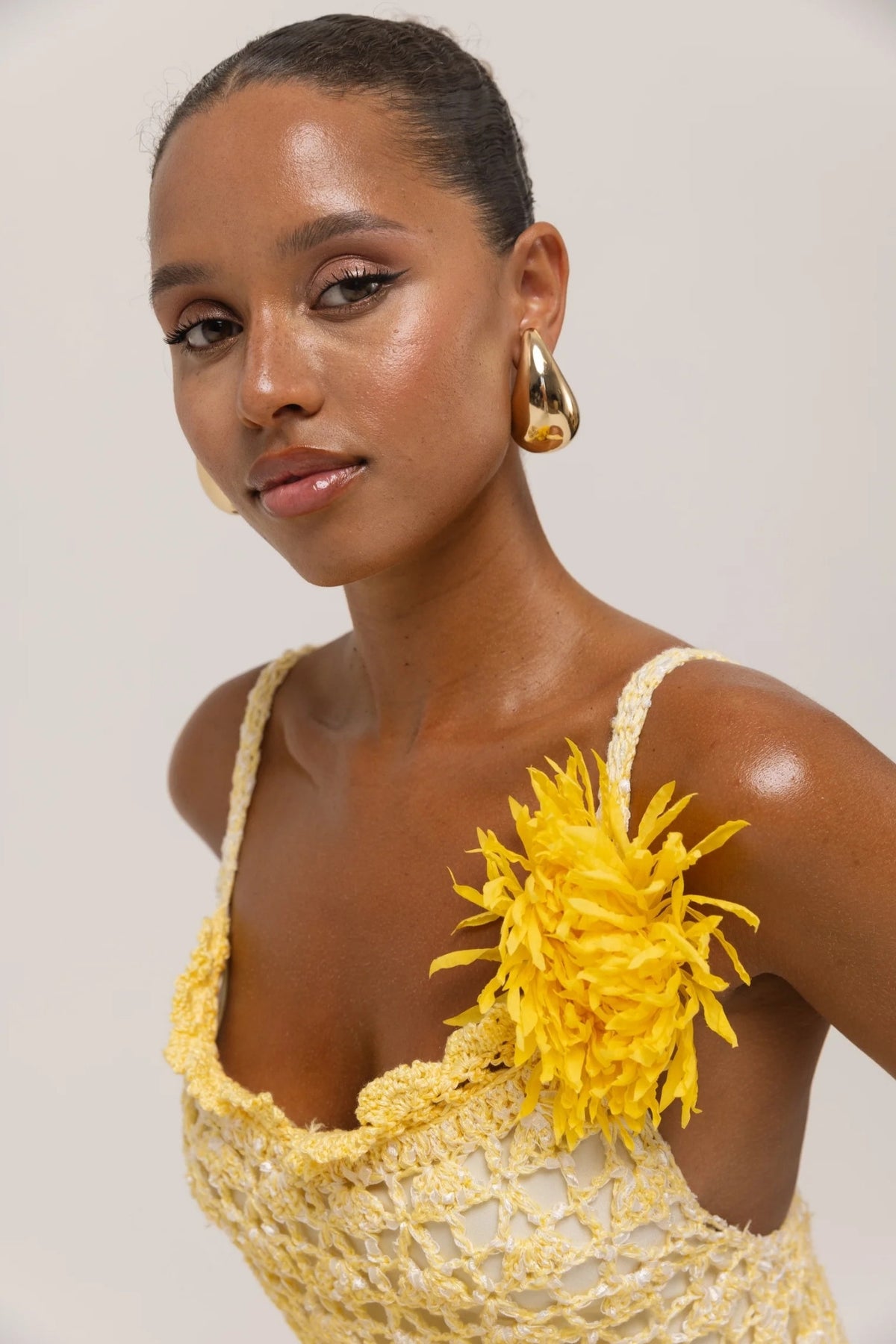 ANDREEVA - Butter Yellow Chrysanthemum Midi Handmade Crochet Dress, buy at DOORS NYC