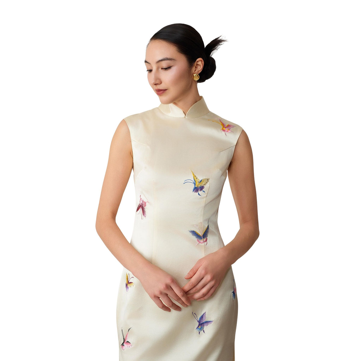 Cream Shell Sleeve Butterfly Qipao