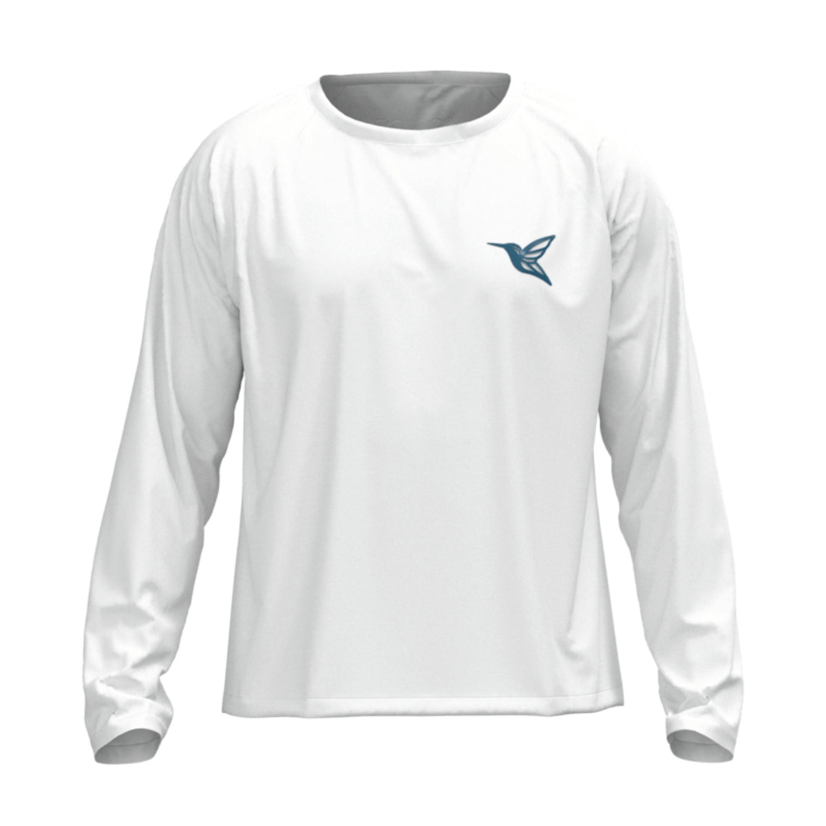 Front view of men’s white ultralight UPF long sleeve activity shirt by Live Kolibri