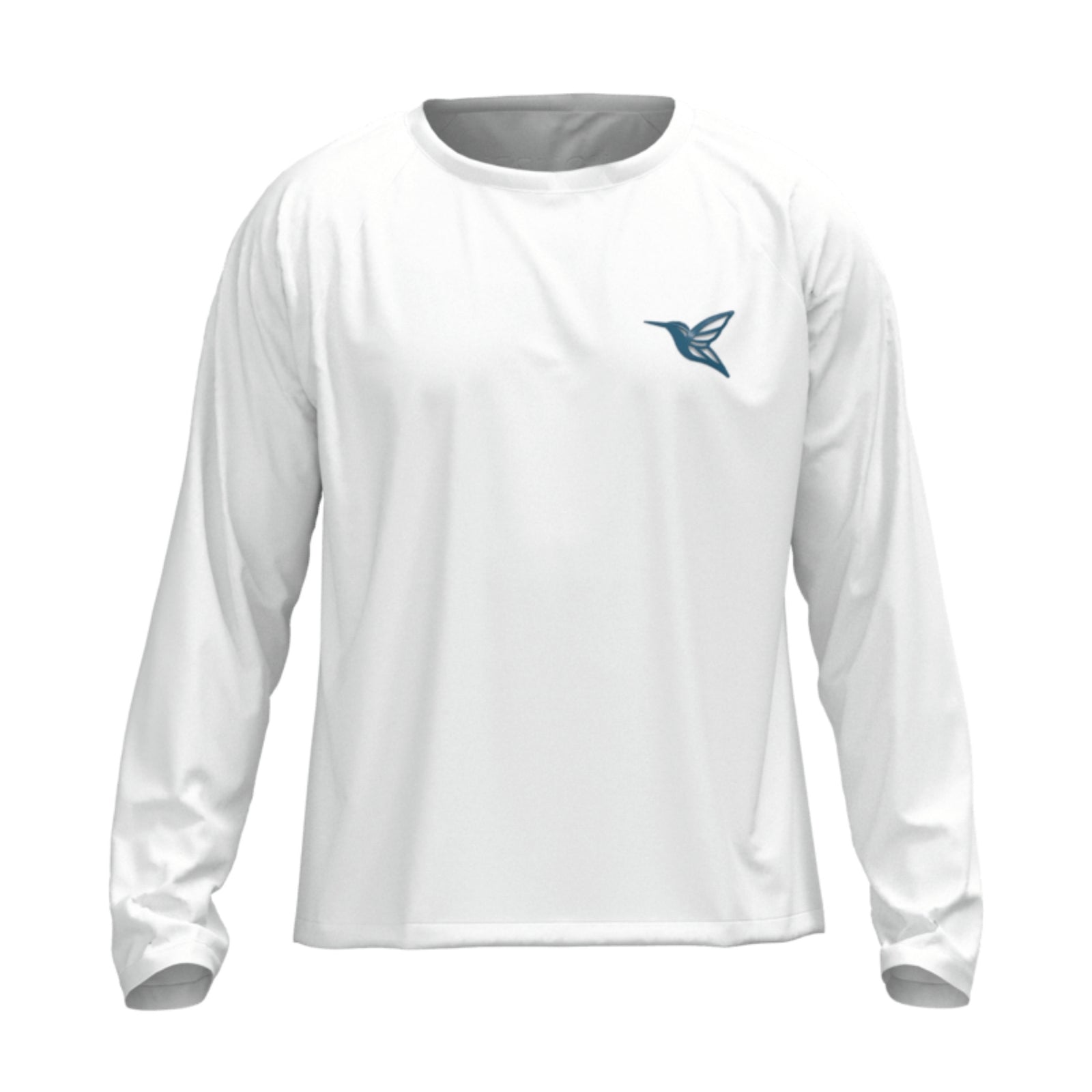 Front view of men’s white ultralight UPF long sleeve activity shirt by Live Kolibri