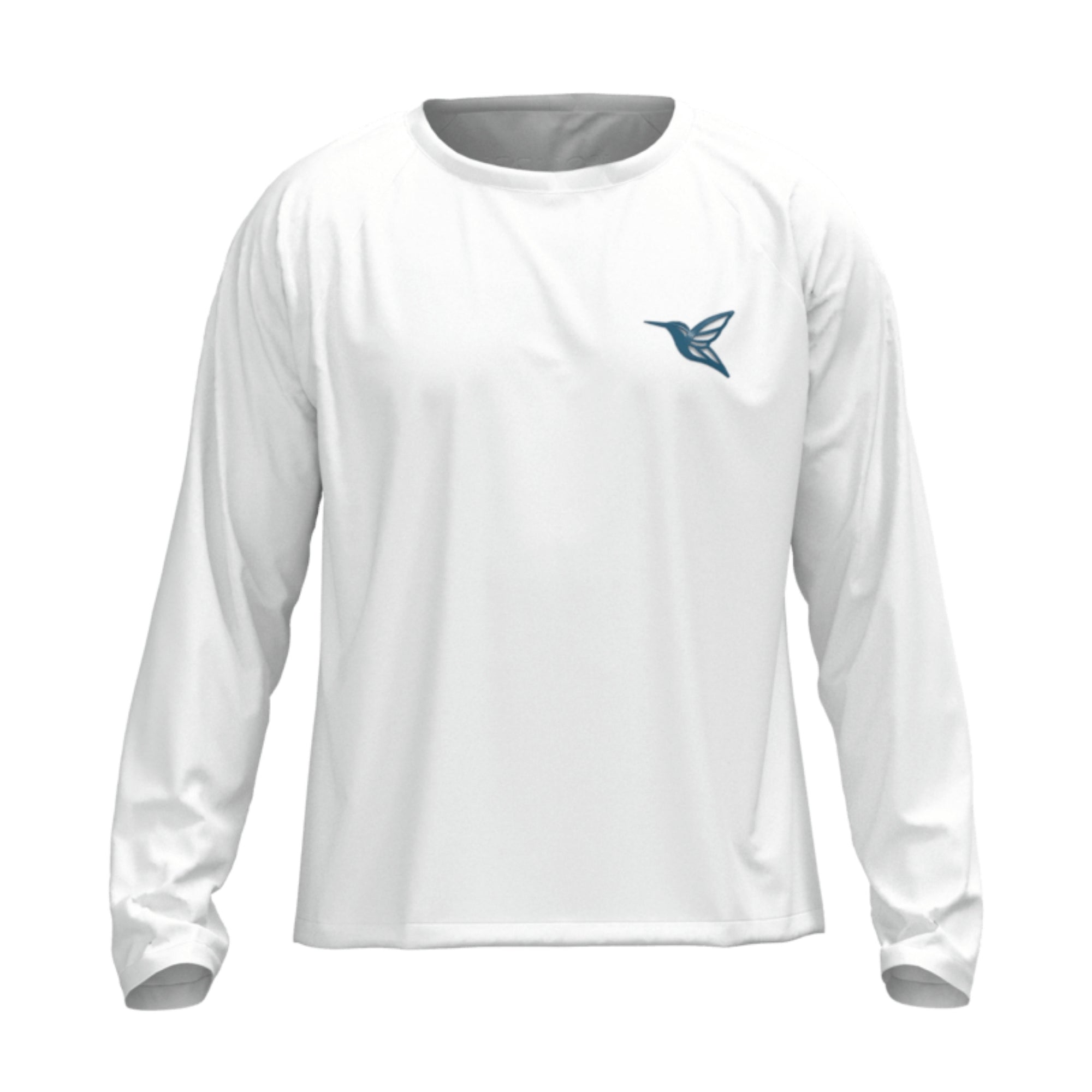 Front view of men’s white ultralight UPF long sleeve activity shirt by Live Kolibri