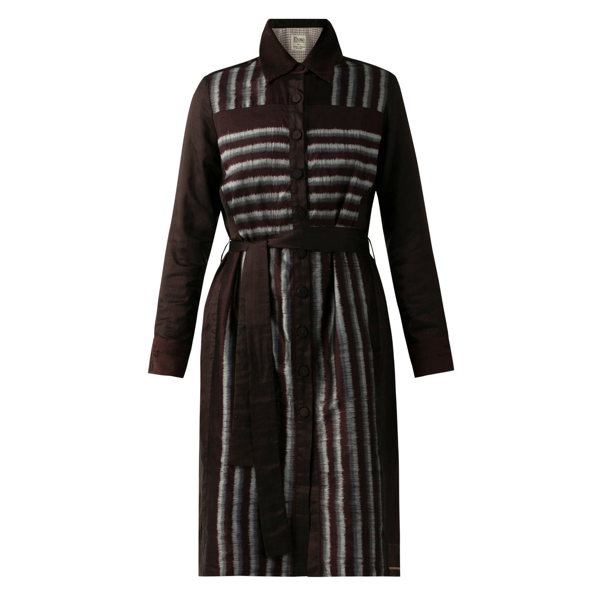 BOITO - Coffee Brown Ikat Silk Overcoat with Silver Stripes, buy at DOORS NYC