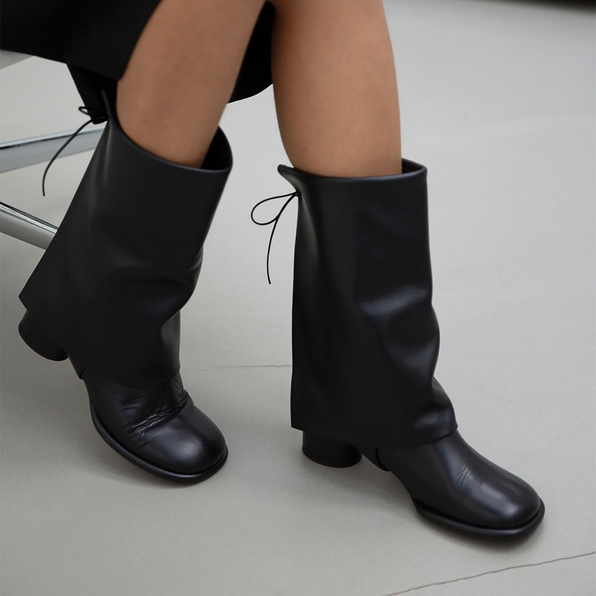 Black Convertible Mid-Calf Leather Boots with Cover
