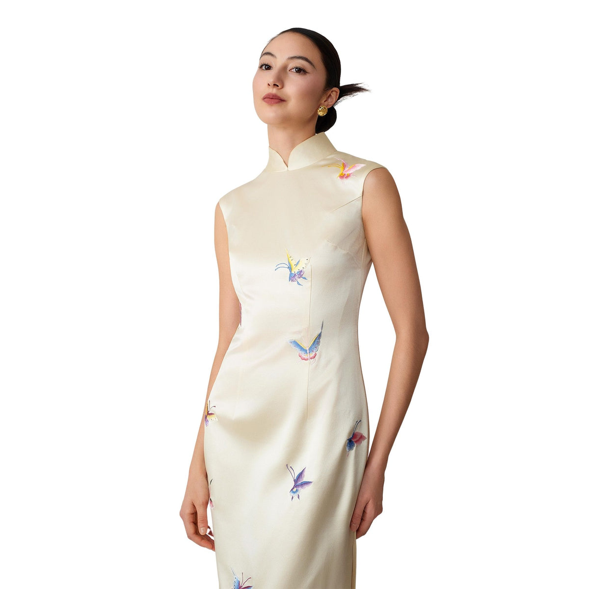 Cream Shell Sleeve Butterfly Qipao