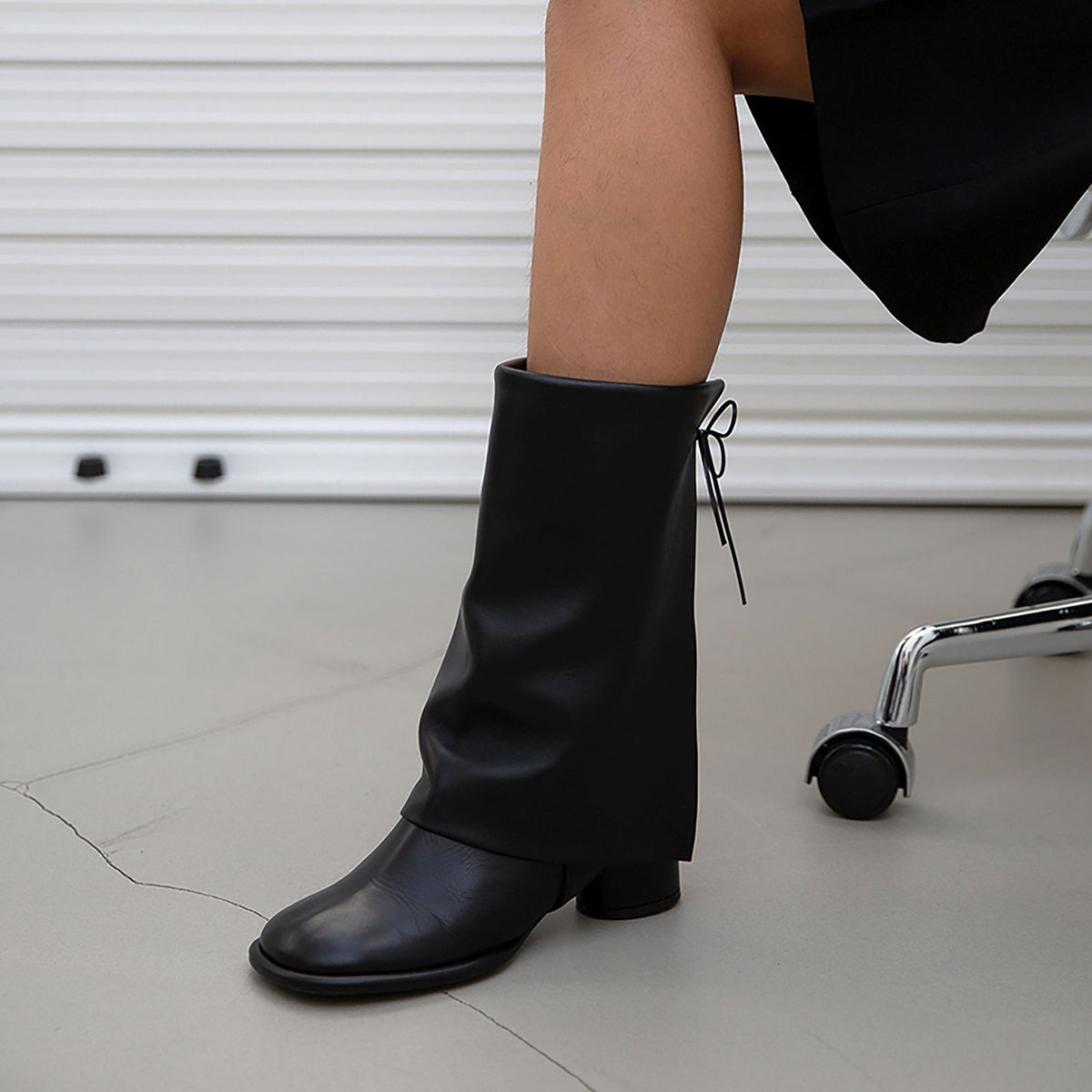 Black Convertible Mid-Calf Leather Boots with Cover