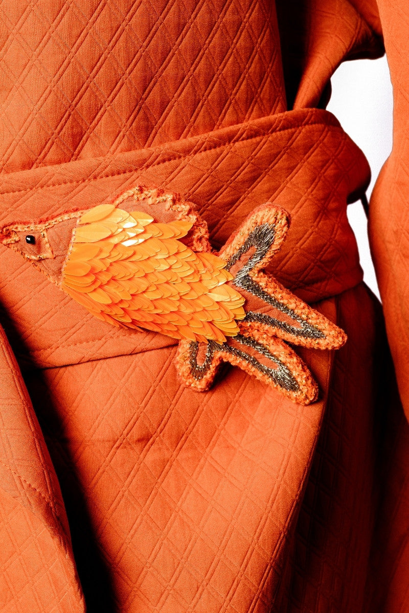 OTKUTYR - Tangerine Quilted Belted Coat with Asian Collar, buy at DOORS NYC