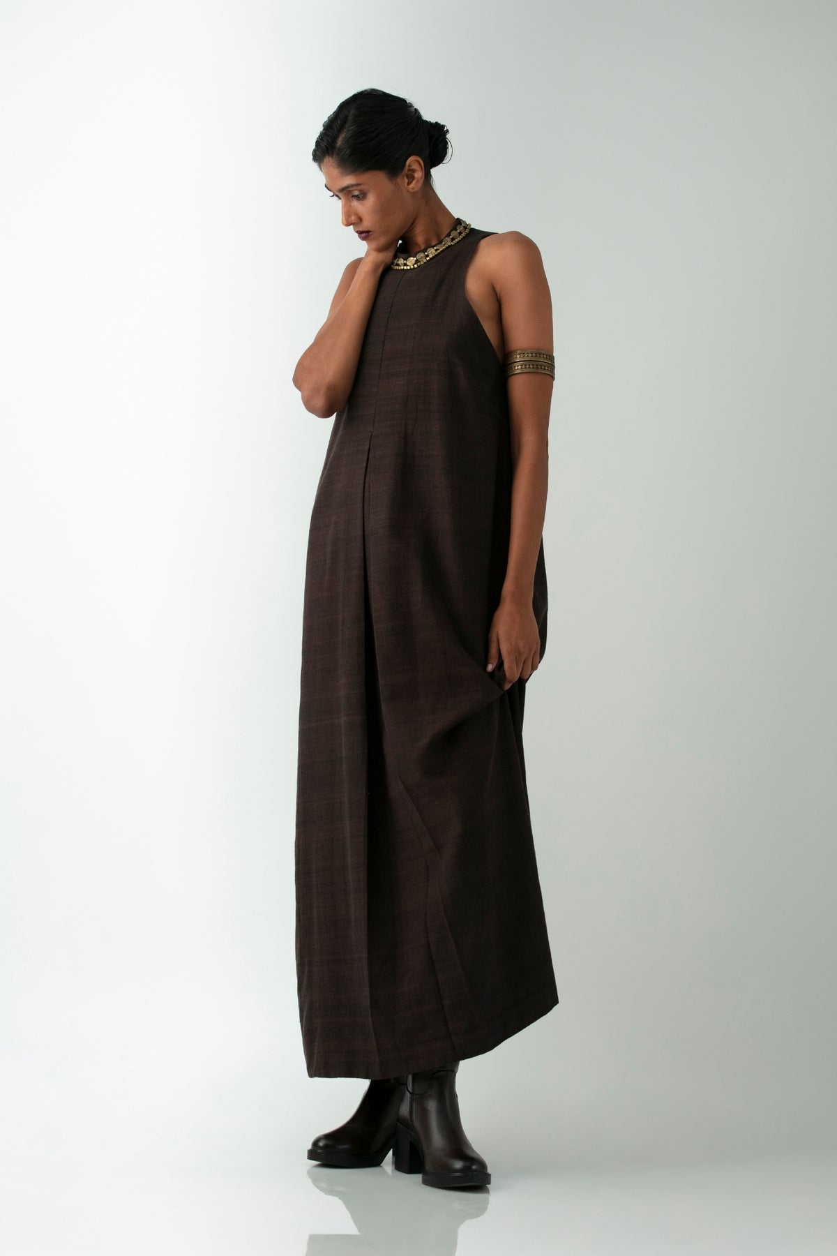 BOITO - Chocolate Brown Kotpad Halter Dress with Dhokra Beads, buy at DOORS NYC